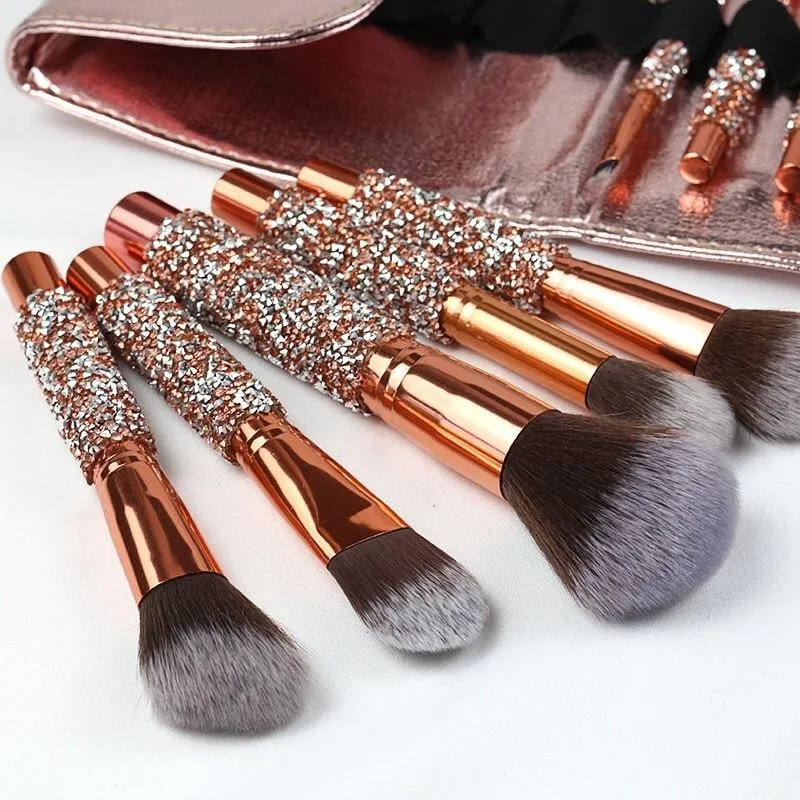 10 Piece Sparkling Makeup Brush Set With Bag