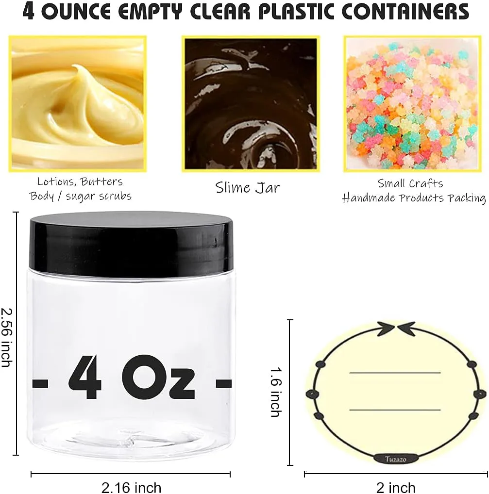 4 Oz Plastic Container Jars with Lids and Labels BPA Free, Empty round Clear Cosmetic Slime Jars for Lotion, Cream, Ointments, Body Butter, Makeup, Travel Storage (12 Pack)