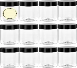 4 Oz Plastic Container Jars with Lids and Labels BPA Free, Empty round Clear Cosmetic Slime Jars for Lotion, Cream, Ointments, Body Butter, Makeup, Travel Storage (12 Pack)