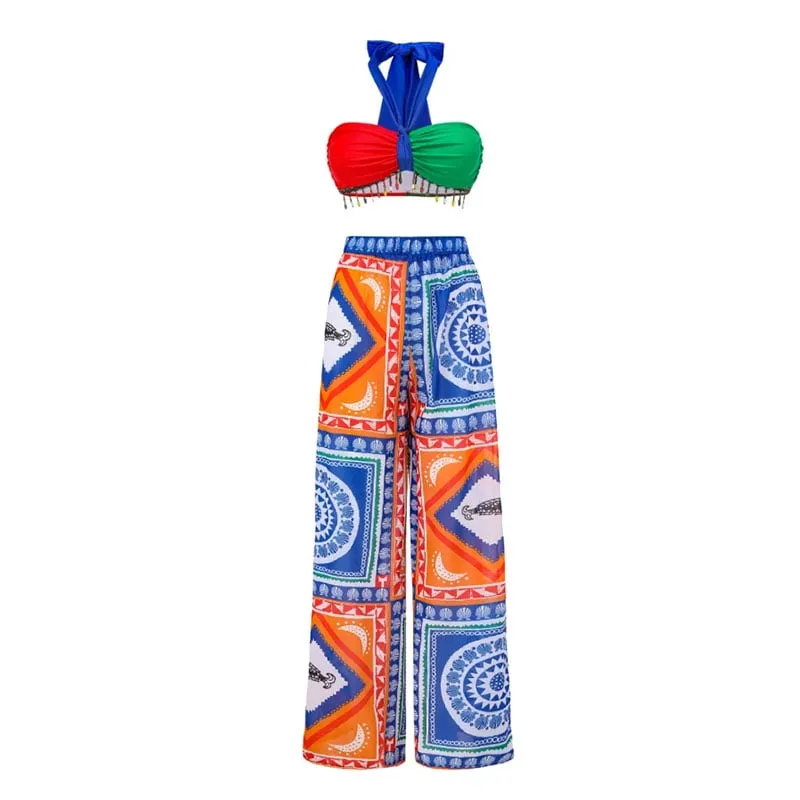 84Volt  Ethnic Style Color-Blocking Swimsuit Set - As shown / S