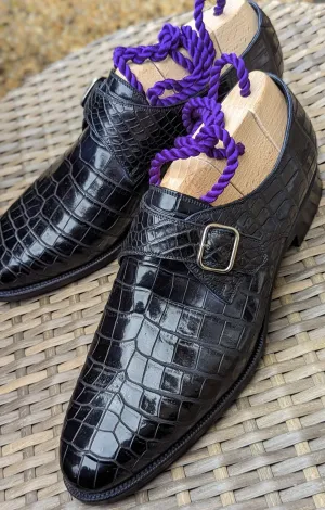 Ascot Monk Strap - Black Crocodile