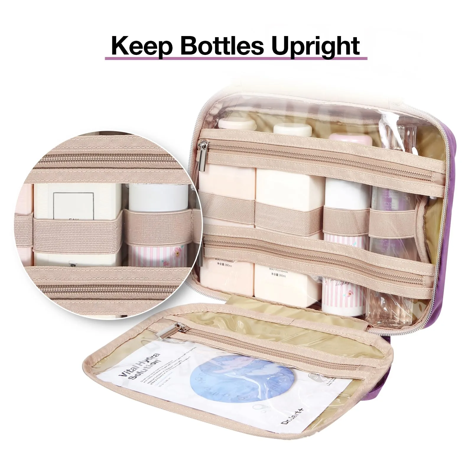 BAGSMART Toiletry Bag Hanging Travel Makeup Organizer with TSA Approved Transparent Cosmetic Bag Makeup Bag for Full Sized Toiletries, Large-Purple