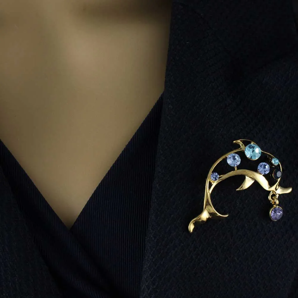 Blue Crystal Dolphin with Purple Crystal Ball Brooch Pin - PRS732