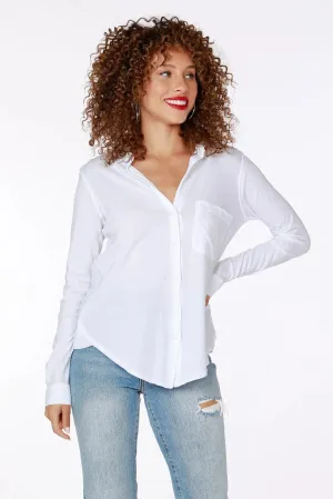 Button Front Knit Collar Top - White