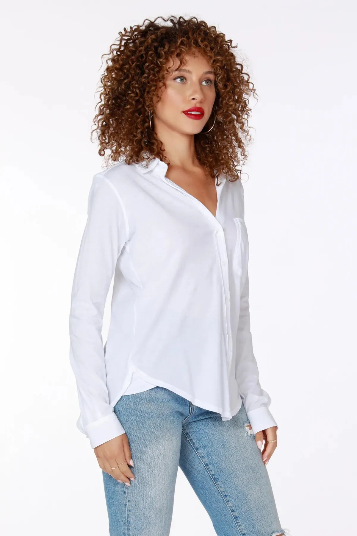 Button Front Knit Collar Top - White