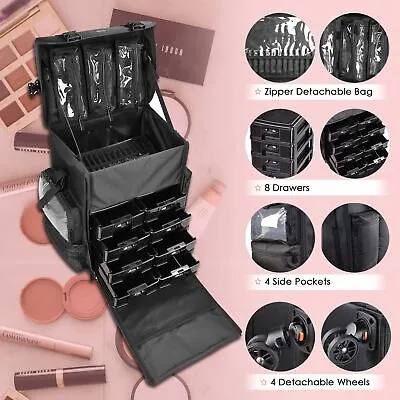 Byootique 4 Wheel Rolling Makeup Trolley with Train Case Artist Cosmetic Tool