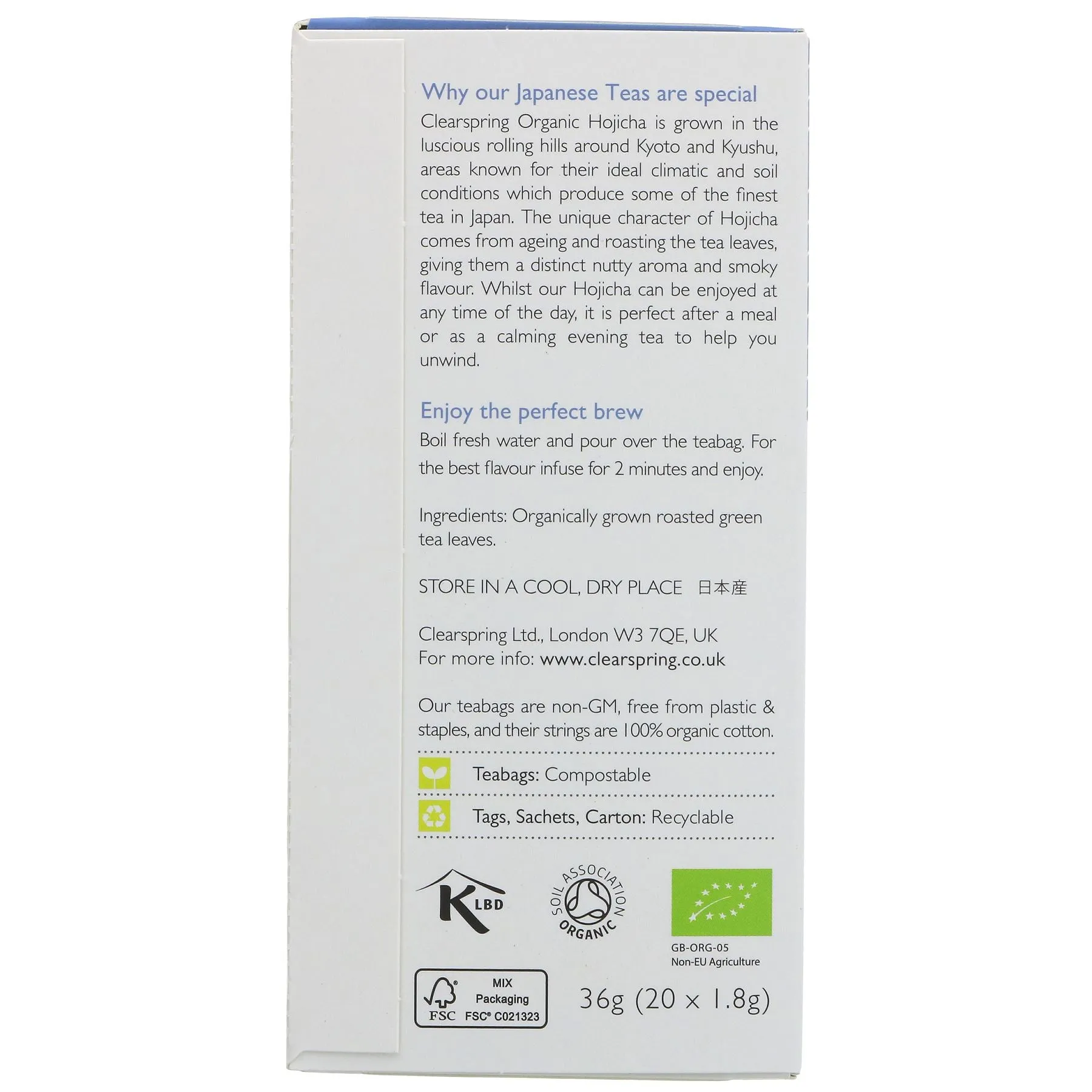 Clearspring | Hojicha Roasted Green Tea - 100% sustainable packaging | 20 bags