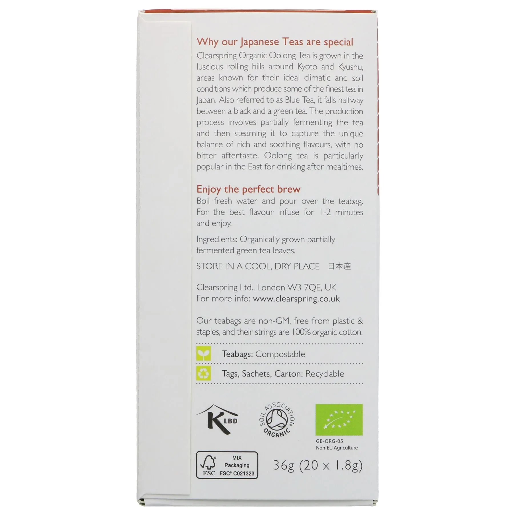 Clearspring | Japanese Oolong Tea (bags) - Semi-Fermented Blue Tea | 36g