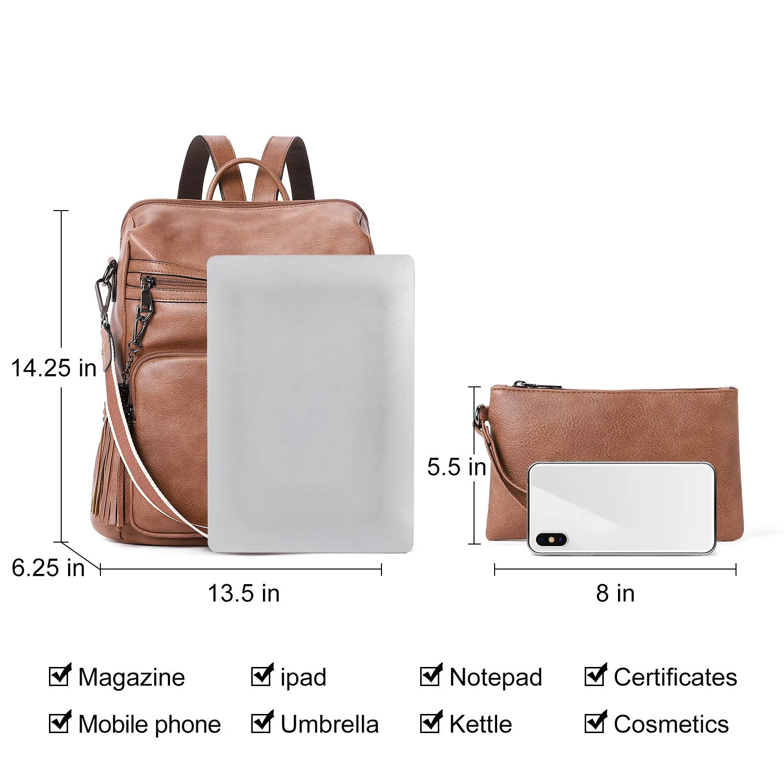 CLUCI Backpack Purse for Women Fashion Leather Designer Travel Large Ladies Shoulder Bags with Tassel