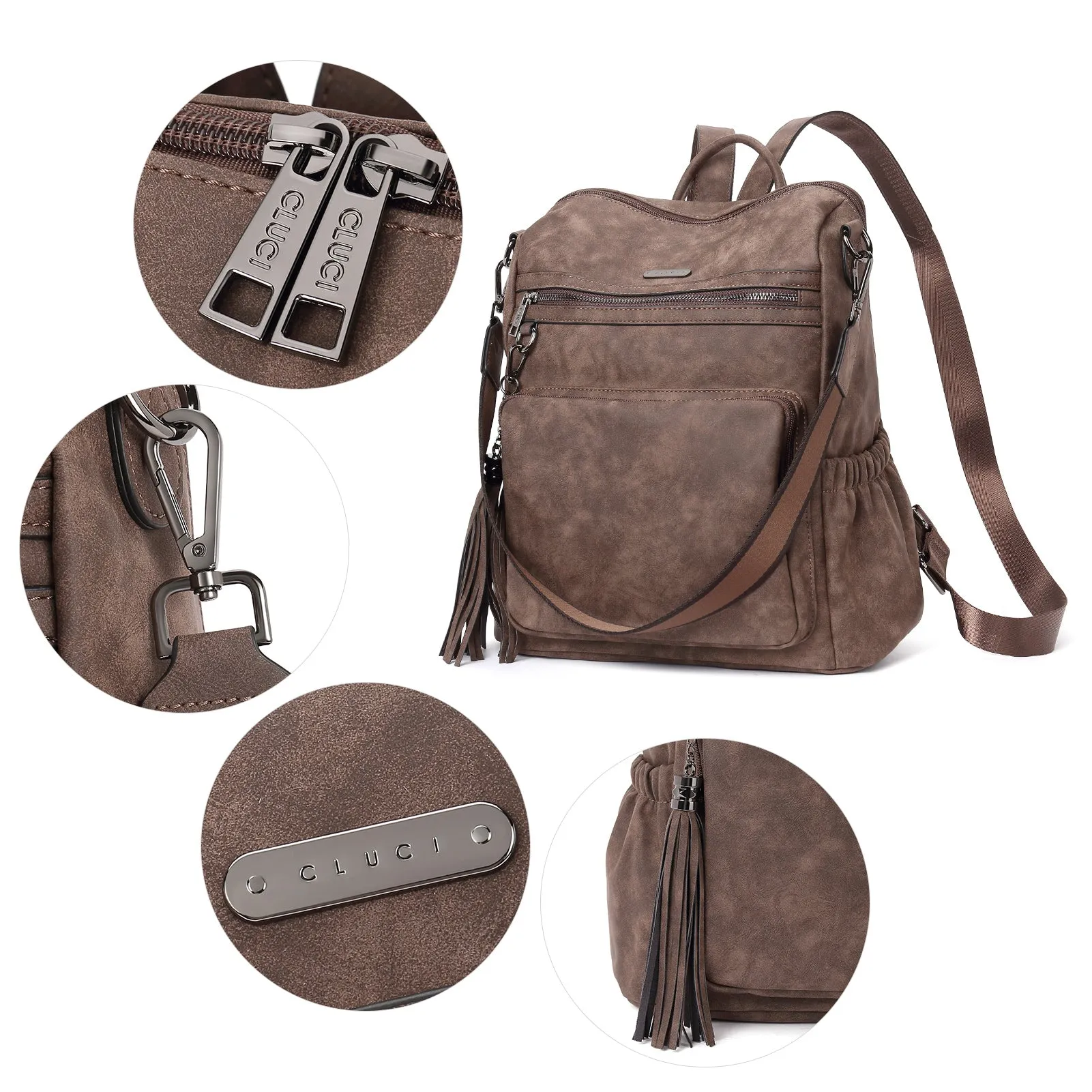 CLUCI Backpack Purse for Women Fashion Leather Designer Travel Large Ladies Shoulder Bags with Tassel