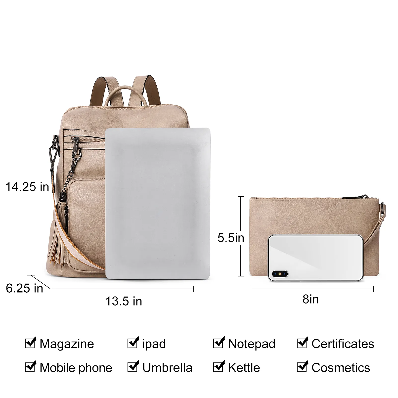CLUCI Backpack Purse for Women Fashion Leather Designer Travel Large Ladies Shoulder Bags with Tassel