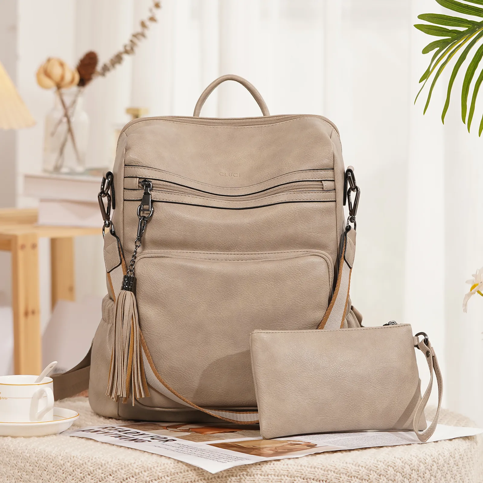 CLUCI Backpack Purse for Women Fashion Leather Designer Travel Large Ladies Shoulder Bags with Tassel