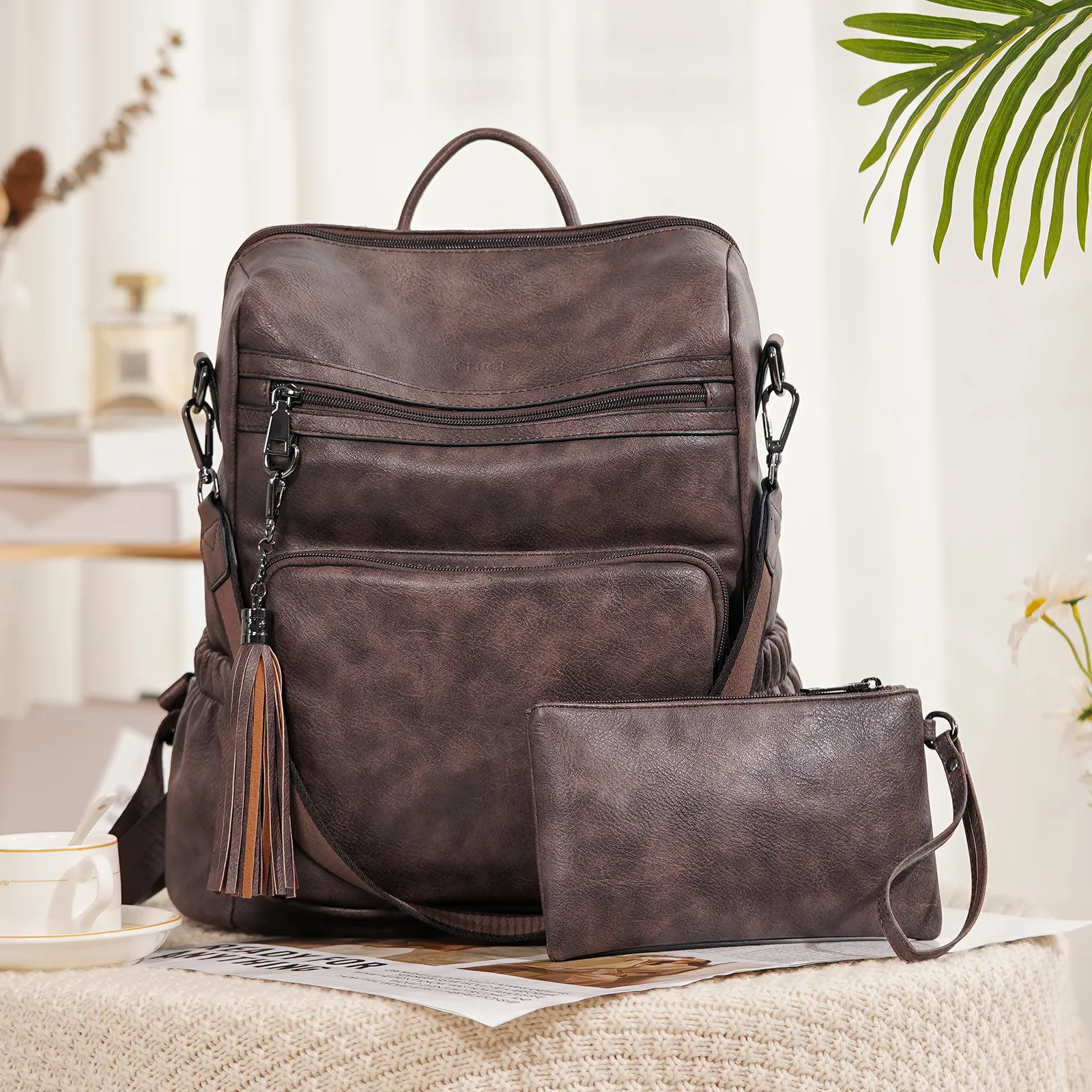 CLUCI Backpack Purse for Women Fashion Leather Designer Travel Large Ladies Shoulder Bags with Tassel