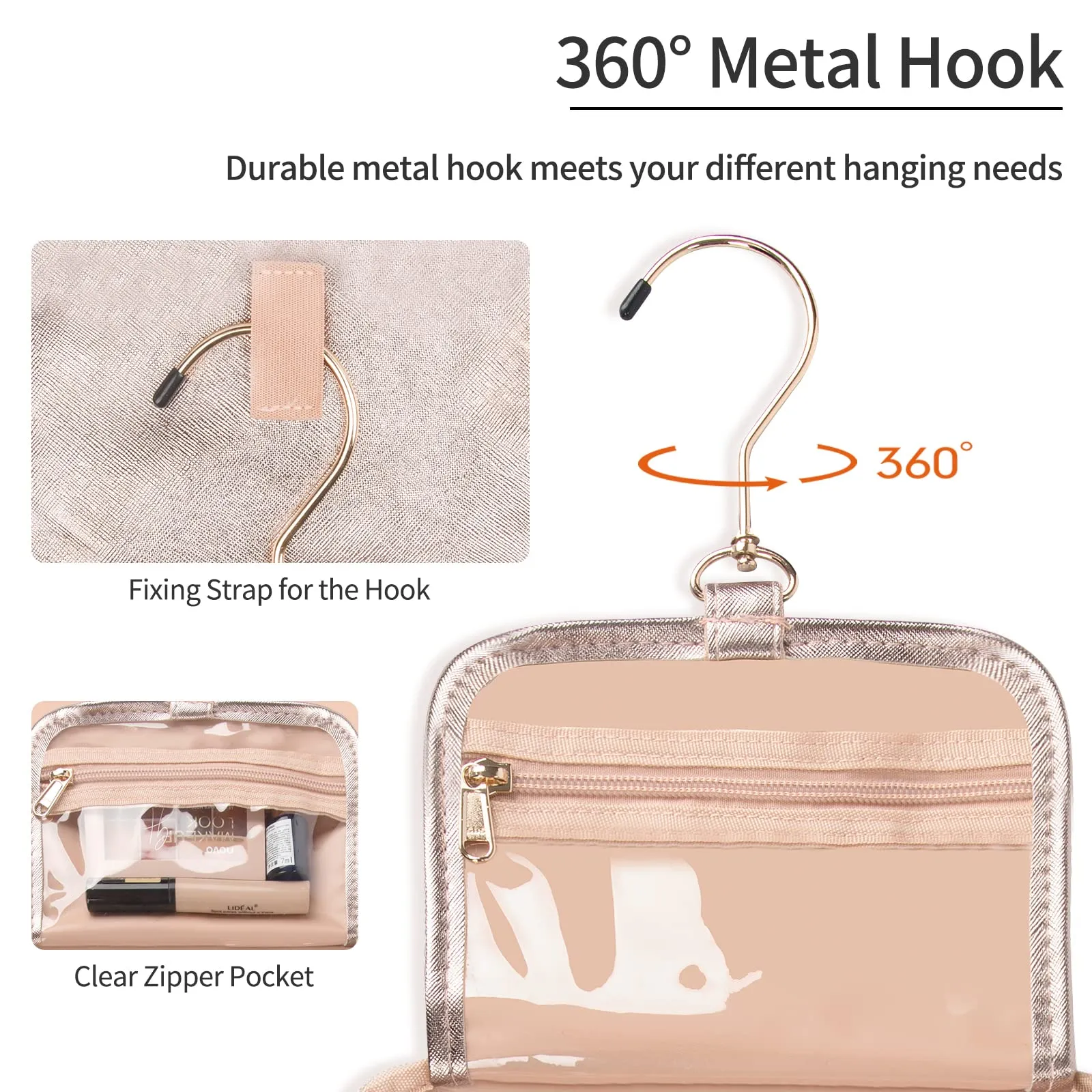 CUBETASTIC Toiletry Bag for Women - Hanging Travel Toiletry Bag with 360° Hook 3 Compartments Makeup Organizer with Portable Handle PU Leather Water-resistant Cosmetic Pouch