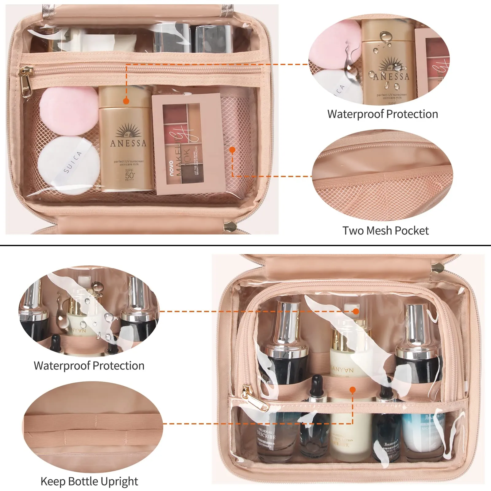 CUBETASTIC Toiletry Bag for Women - Hanging Travel Toiletry Bag with 360° Hook 3 Compartments Makeup Organizer with Portable Handle PU Leather Water-resistant Cosmetic Pouch