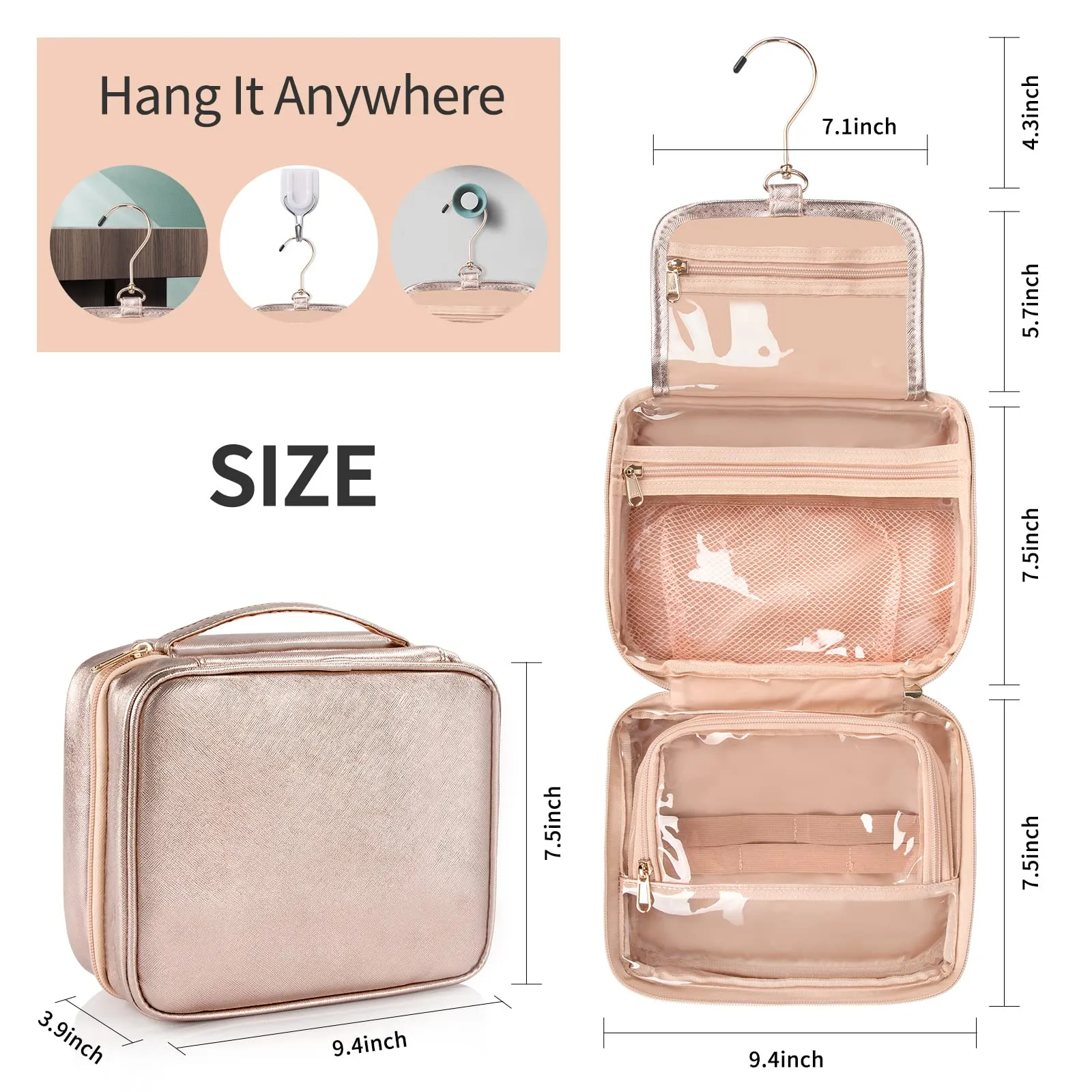CUBETASTIC Toiletry Bag for Women - Hanging Travel Toiletry Bag with 360° Hook 3 Compartments Makeup Organizer with Portable Handle PU Leather Water-resistant Cosmetic Pouch