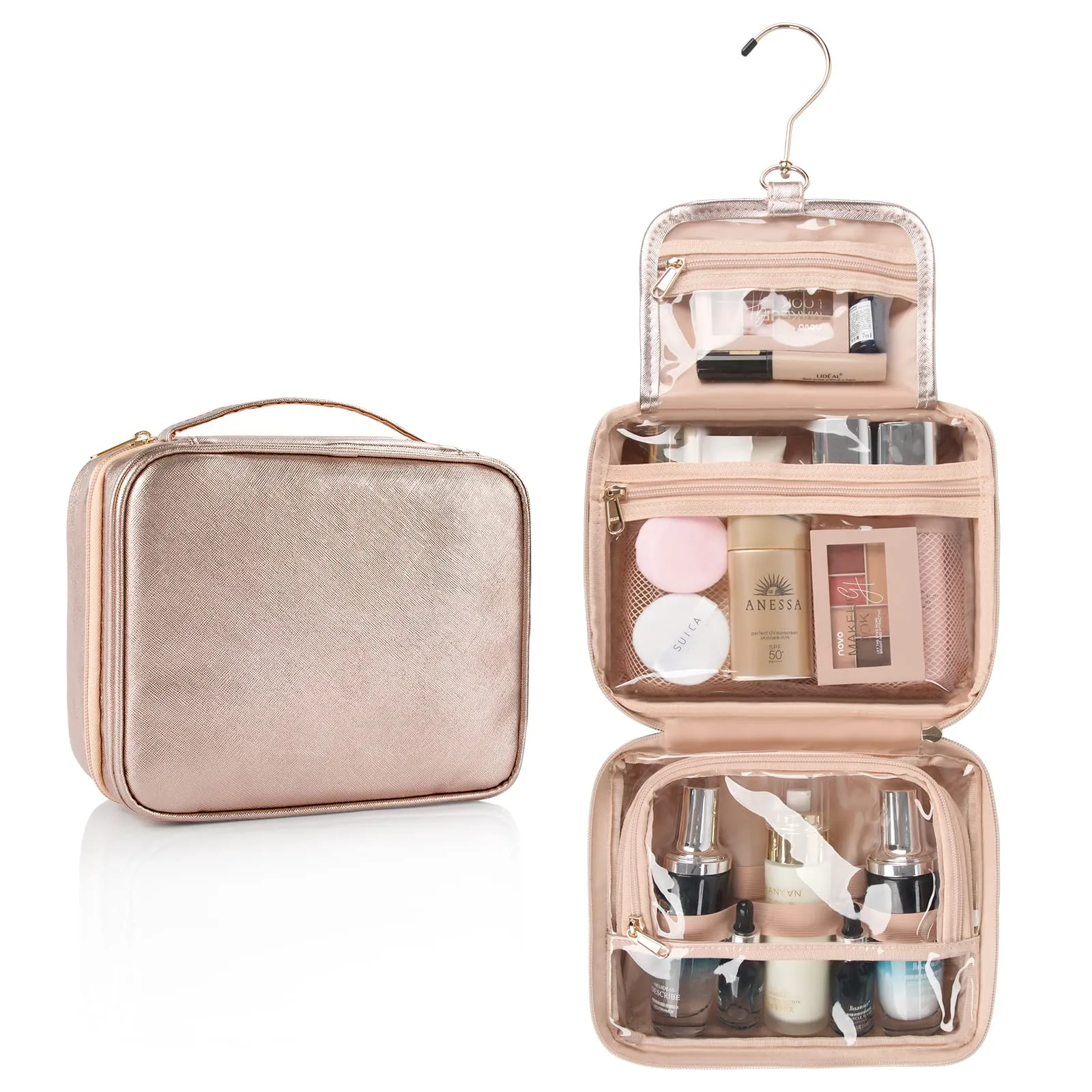 CUBETASTIC Toiletry Bag for Women - Hanging Travel Toiletry Bag with 360° Hook 3 Compartments Makeup Organizer with Portable Handle PU Leather Water-resistant Cosmetic Pouch