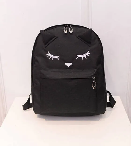 Cute Cartoon Embroidery Cat Printing Backpack Canvas Backpacks For Teenage Girls College Style Casual Backpack Sac Mochilas