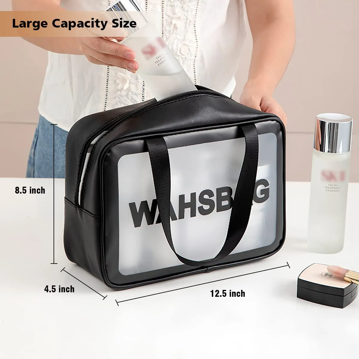 DAPOWER Travel Toiletry Bag for Women and Men, Matte Translucent Toiletry Bag with Handy Handle, Makeup Cosmetic Organizer Bag for Travel Toiletries Accessories (Black)