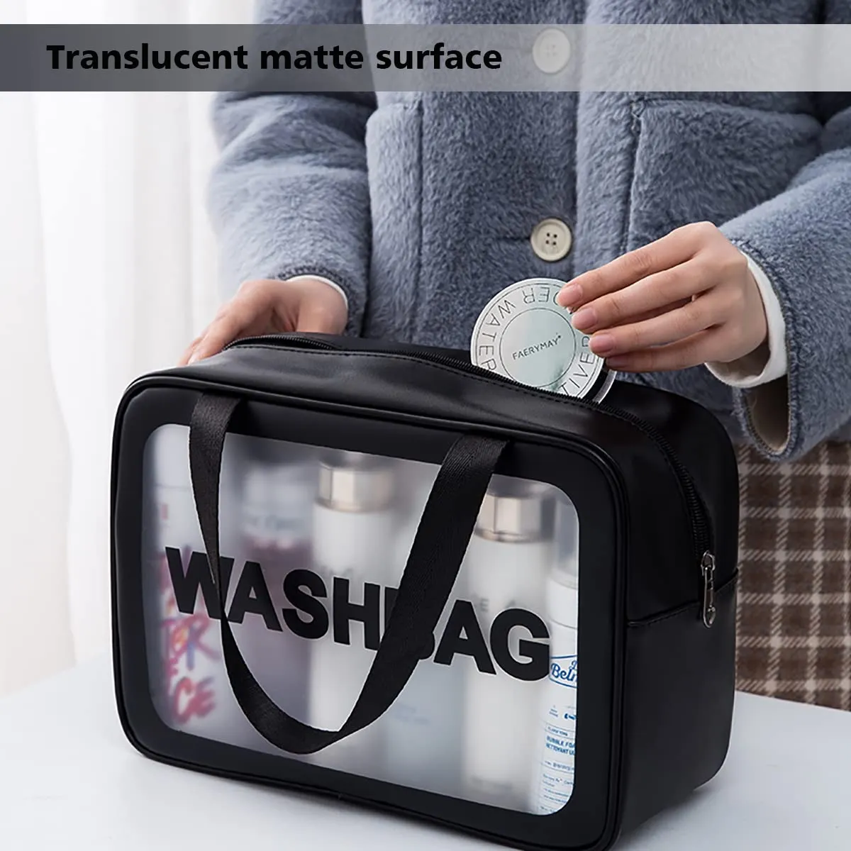 DAPOWER Travel Toiletry Bag for Women and Men, Matte Translucent Toiletry Bag with Handy Handle, Makeup Cosmetic Organizer Bag for Travel Toiletries Accessories (Black)
