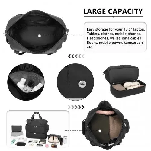 EA2348 - Kono Waterproof Multi-Pocket Travel Duffel Bag Set With Dedicated Shoe Compartment - Black