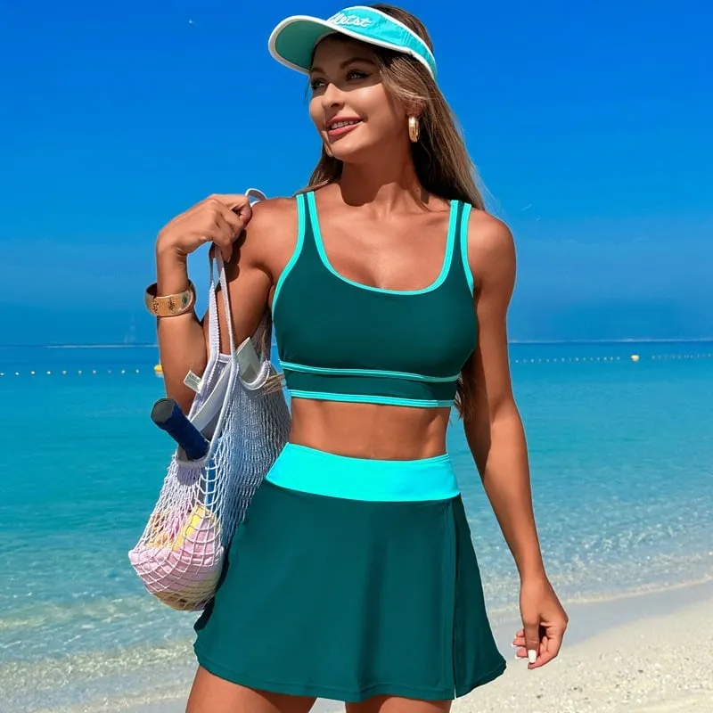 Fashionable Color blocking Sports Skirt Bikini Swimsuit - Picture 1 / S
