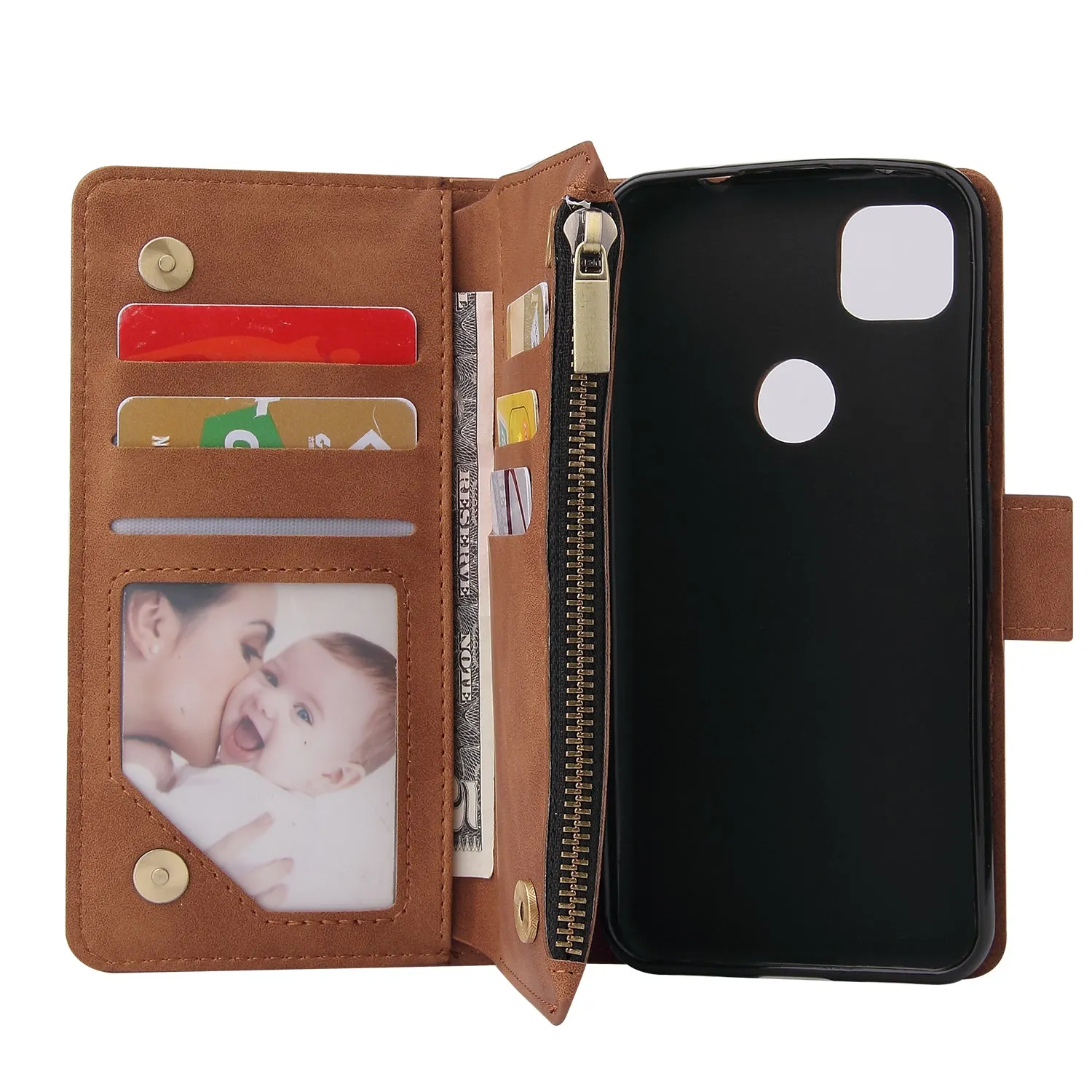 For Google Pixel 4A  Leather Mobile Phone Cover with Cards Slot Zipper Purse Phone Bracket 5 wine red