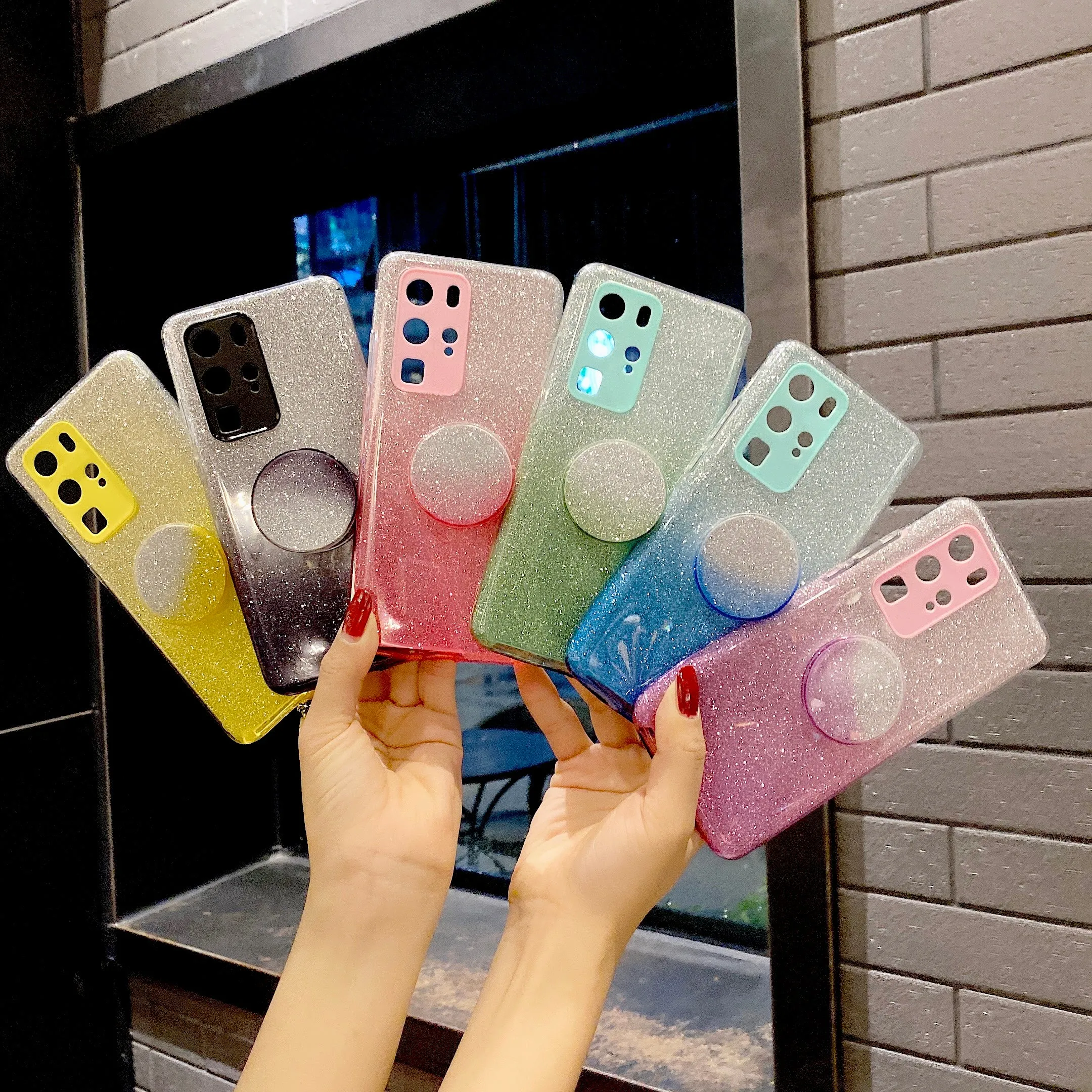 For HUAWEI Mate 30/Nova 5I pro/Mate 30 Pro/PSmart /Y5P/Y6P 2020 Phone Case Gradient Color Glitter Powder Phone Cover with Airbag Bracket Pink