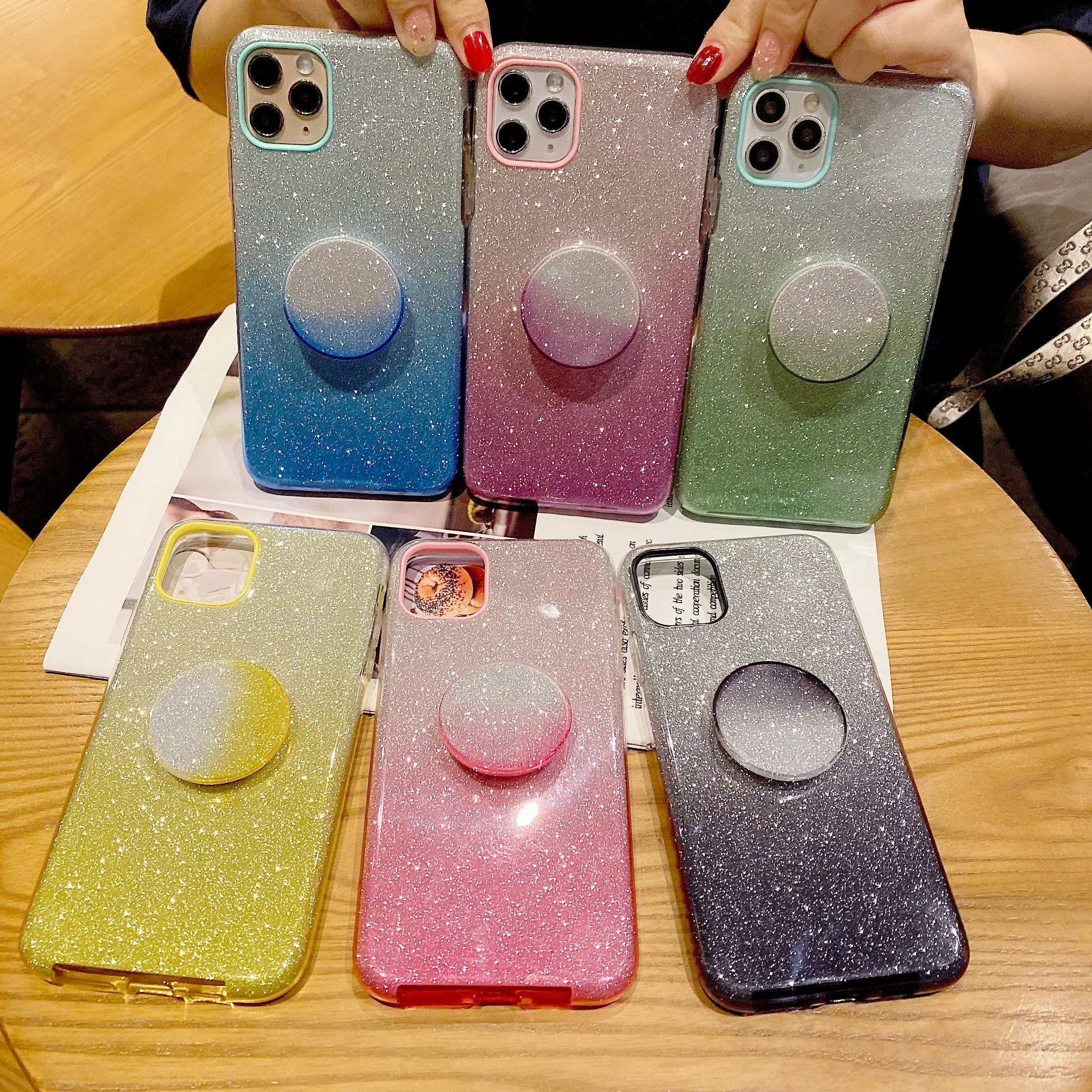 for HUAWEI P20 LITE/P30 LITE/P40 LITE/Nova6SE/Nova 7i Phone Case Gradient Color Glitter Powder Phone Cover with Airbag Bracket black