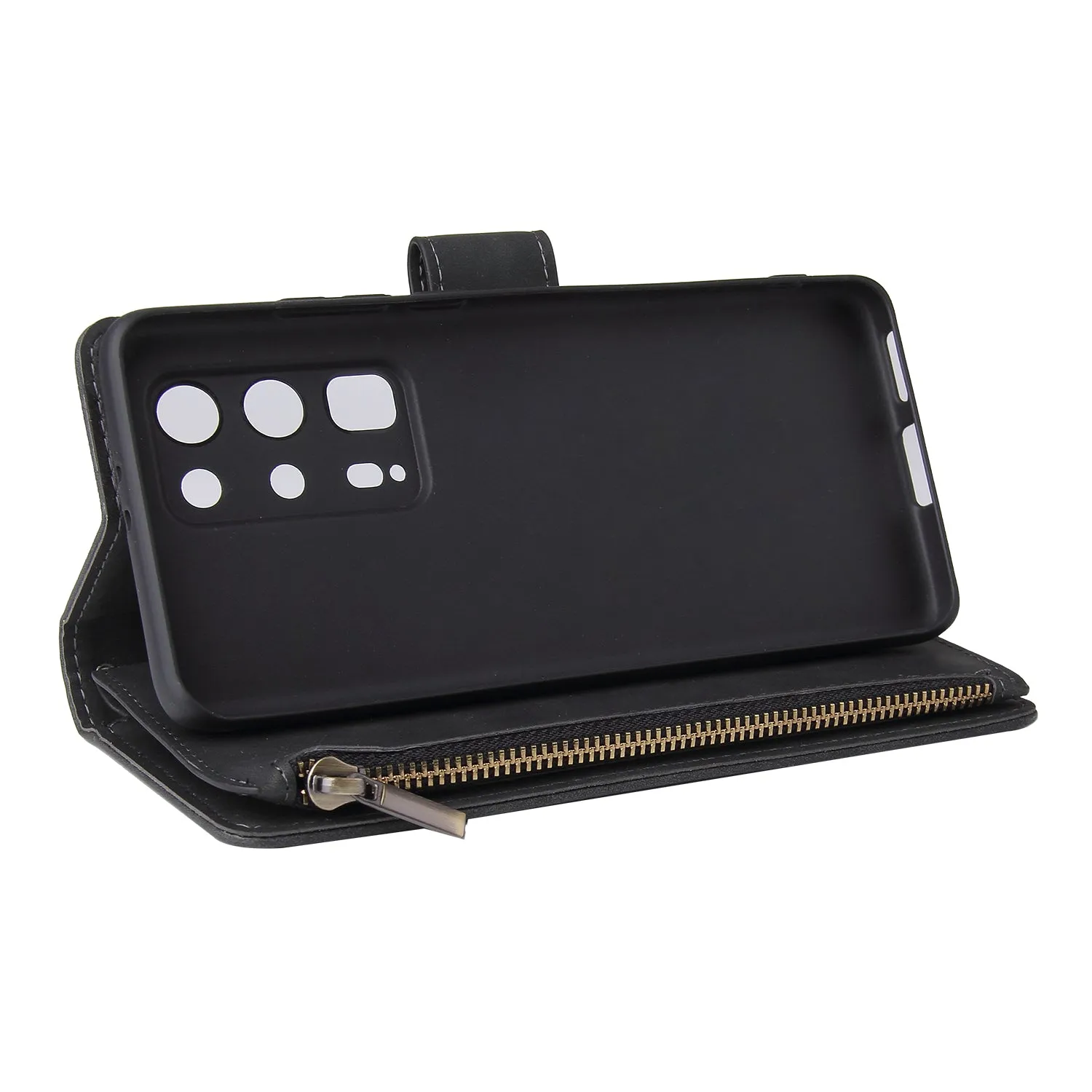 For HUAWEI P40 pro plus Zipper Purse Leather Mobile Phone Cover with Cards Slot Phone Bracket 1 black