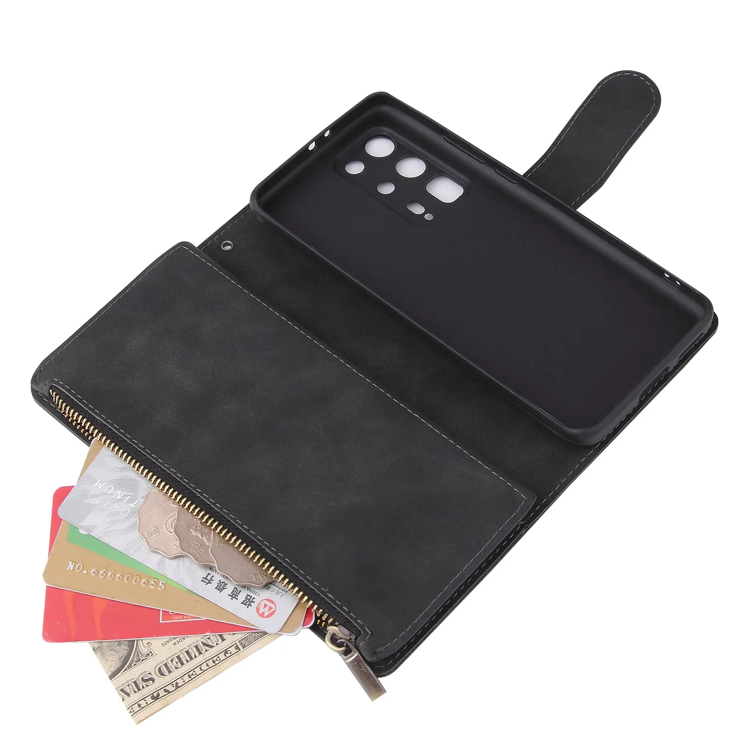 For HUAWEI P40 pro plus Zipper Purse Leather Mobile Phone Cover with Cards Slot Phone Bracket 1 black