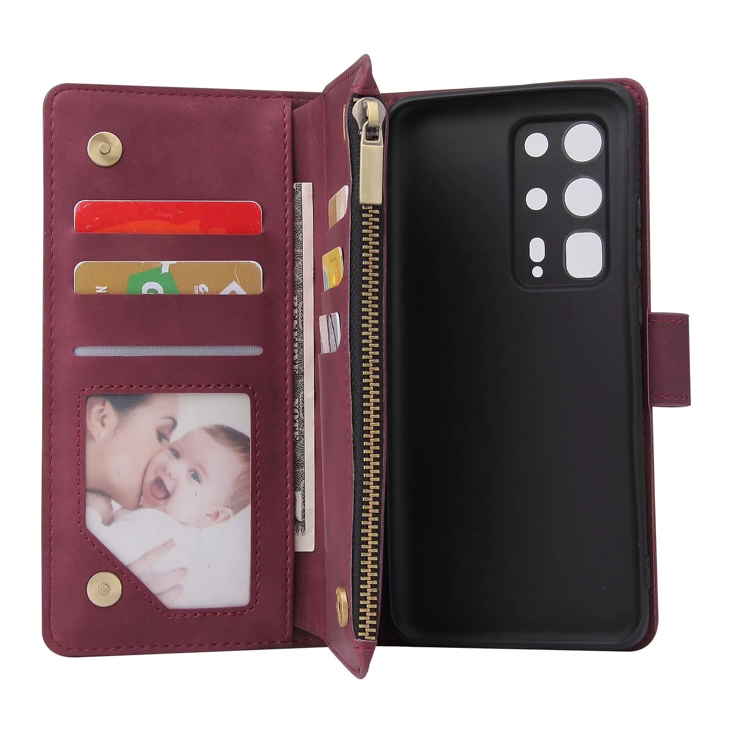 For HUAWEI P40 pro plus Zipper Purse Leather Mobile Phone Cover with Cards Slot Phone Bracket 1 black