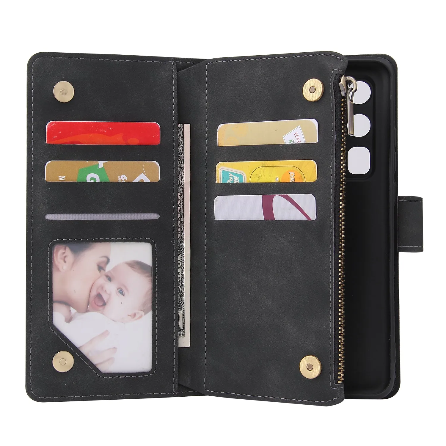 For HUAWEI P40 pro plus Zipper Purse Leather Mobile Phone Cover with Cards Slot Phone Bracket 1 black