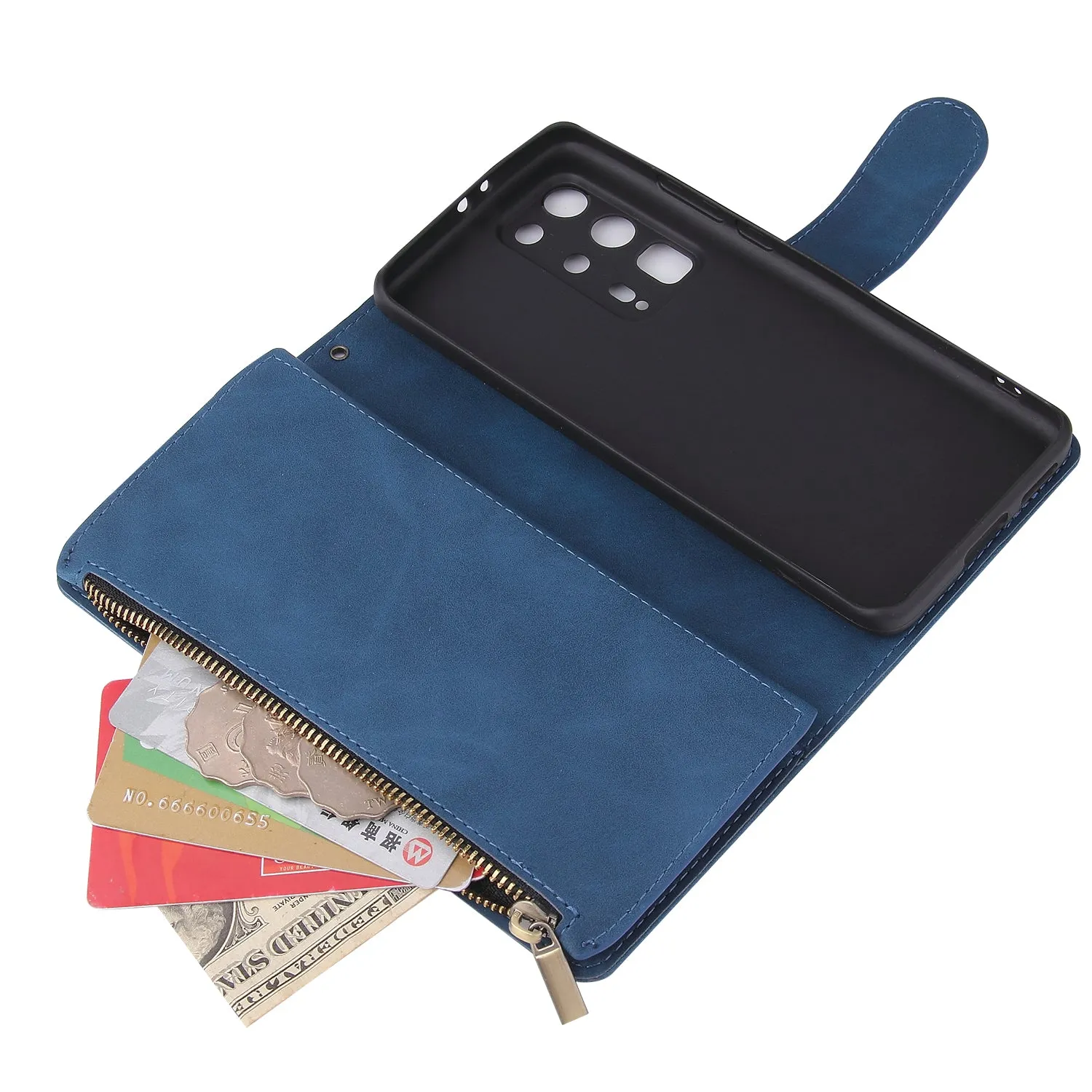 For HUAWEI P40 pro plus Zipper Purse Leather Mobile Phone Cover with Cards Slot Phone Bracket 2 blue