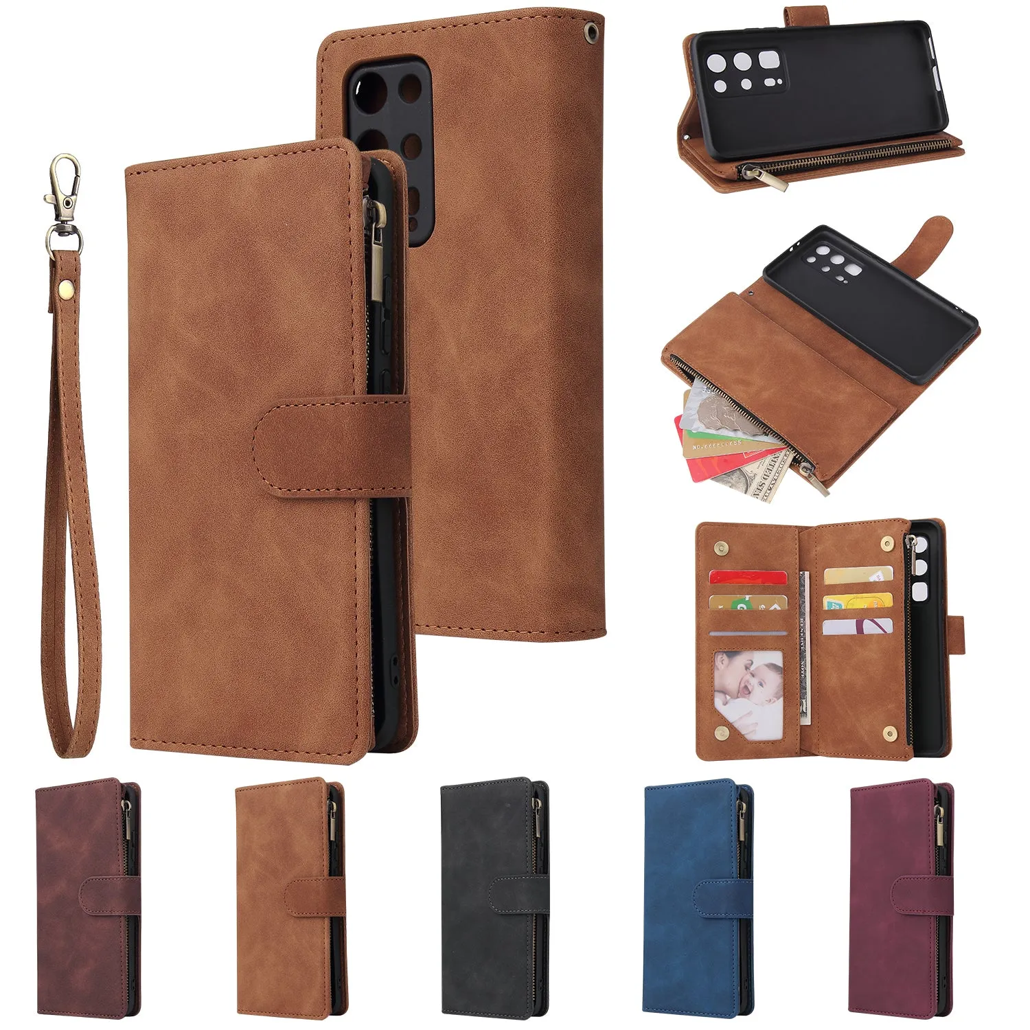 For HUAWEI P40 pro plus Zipper Purse Leather Mobile Phone Cover with Cards Slot Phone Bracket 2 blue