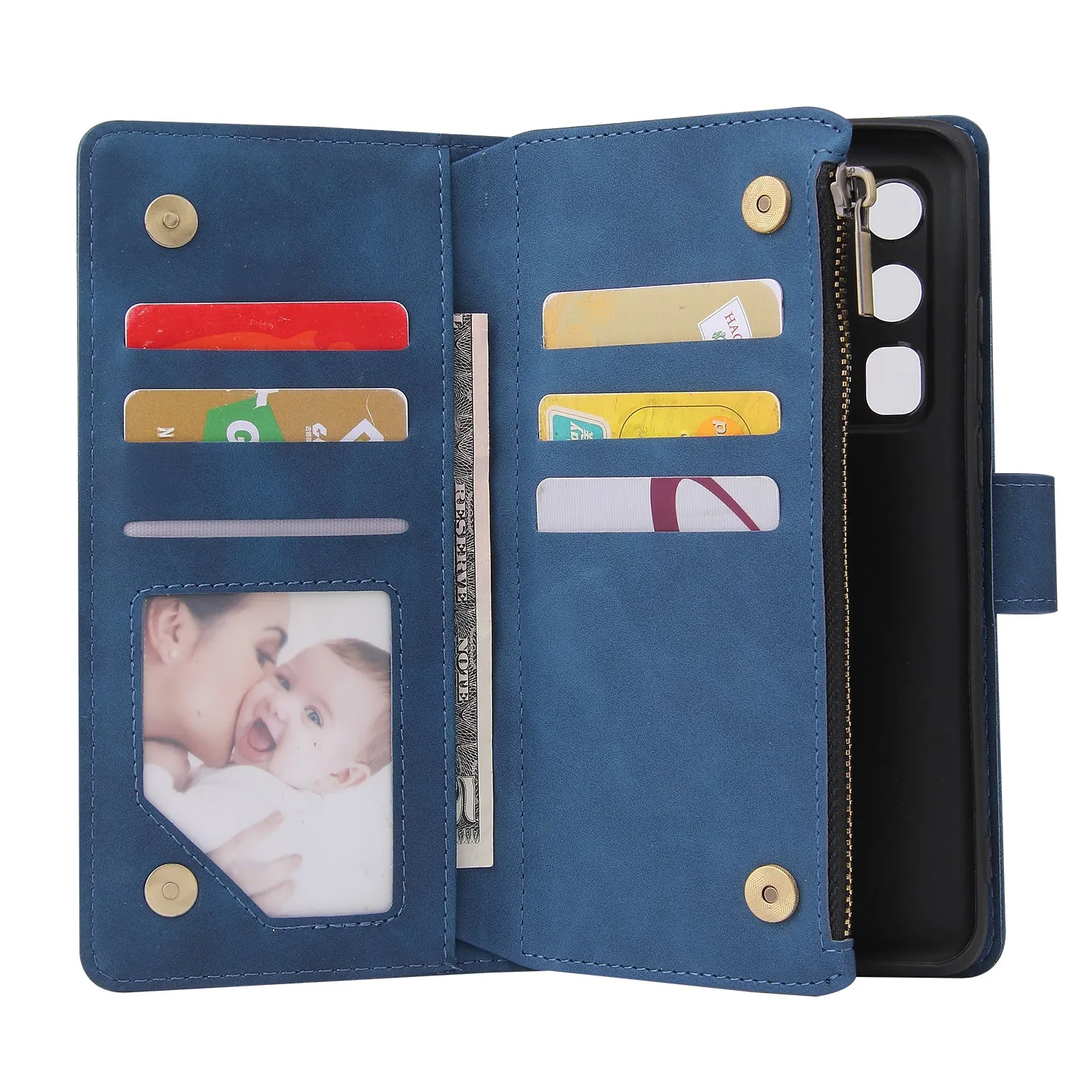 For HUAWEI P40 pro plus Zipper Purse Leather Mobile Phone Cover with Cards Slot Phone Bracket 2 blue