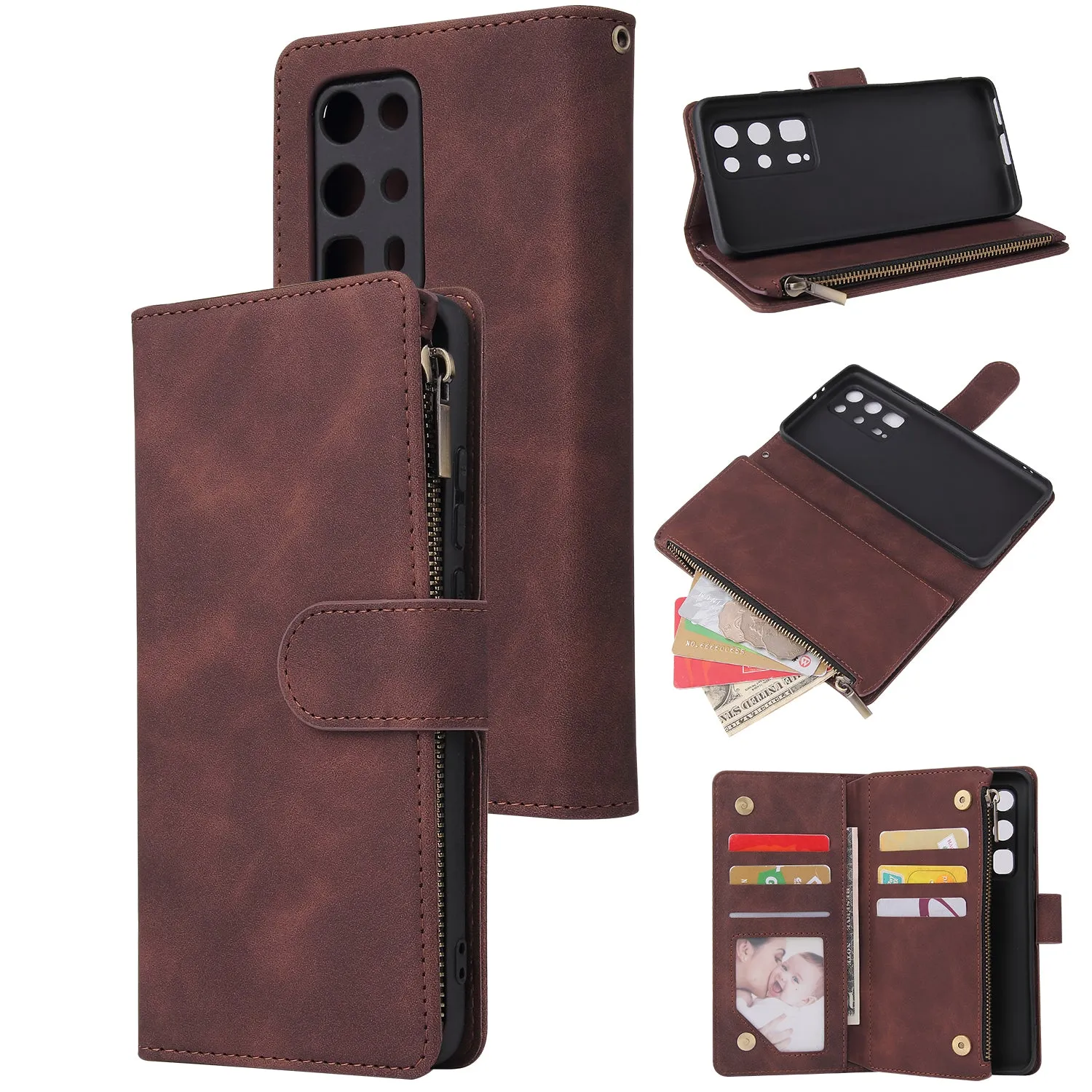 For HUAWEI P40 pro plus Zipper Purse Leather Mobile Phone Cover with Cards Slot Phone Bracket 3 brown