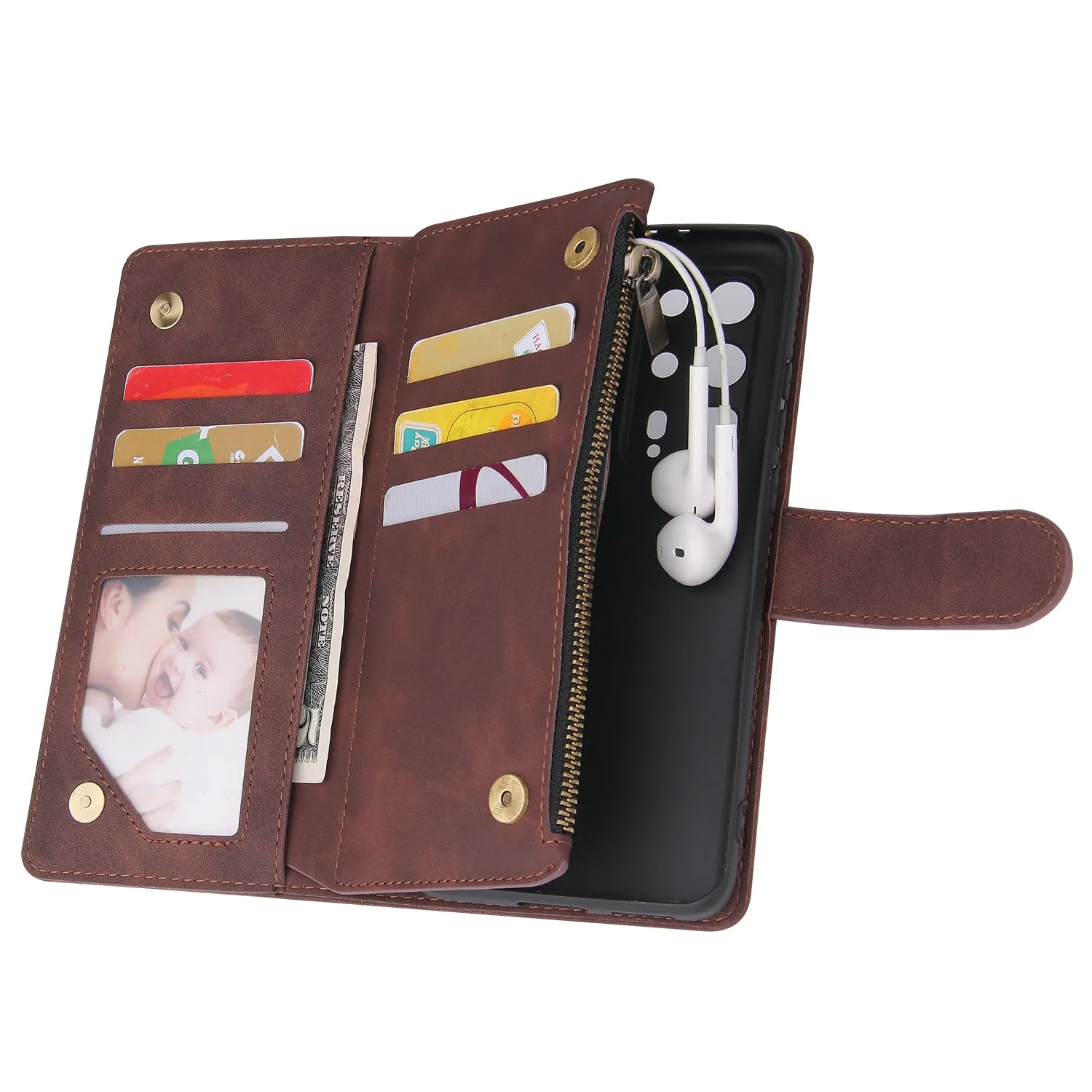 For HUAWEI P40 pro plus Zipper Purse Leather Mobile Phone Cover with Cards Slot Phone Bracket 3 brown