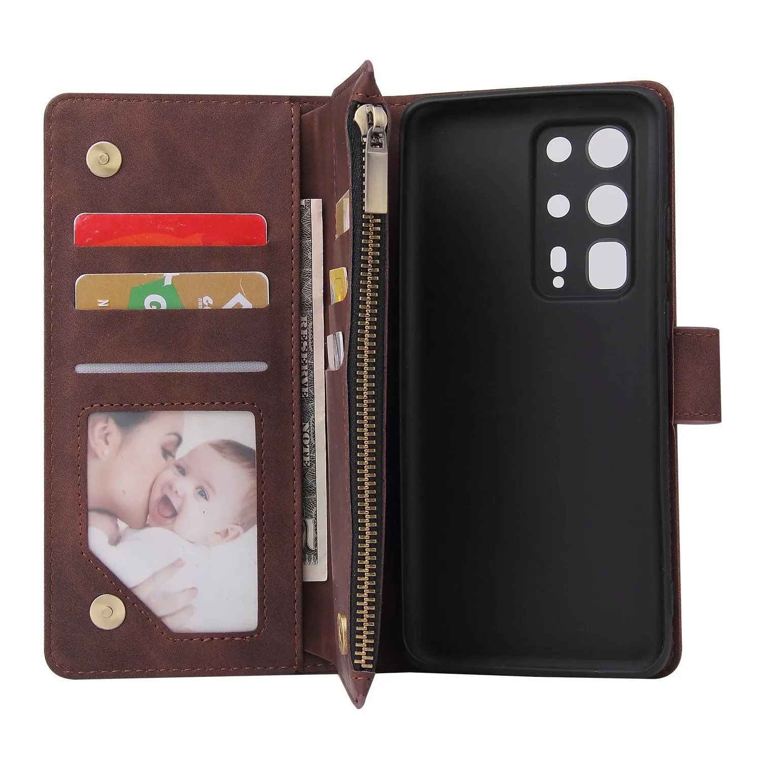 For HUAWEI P40 pro plus Zipper Purse Leather Mobile Phone Cover with Cards Slot Phone Bracket 3 brown