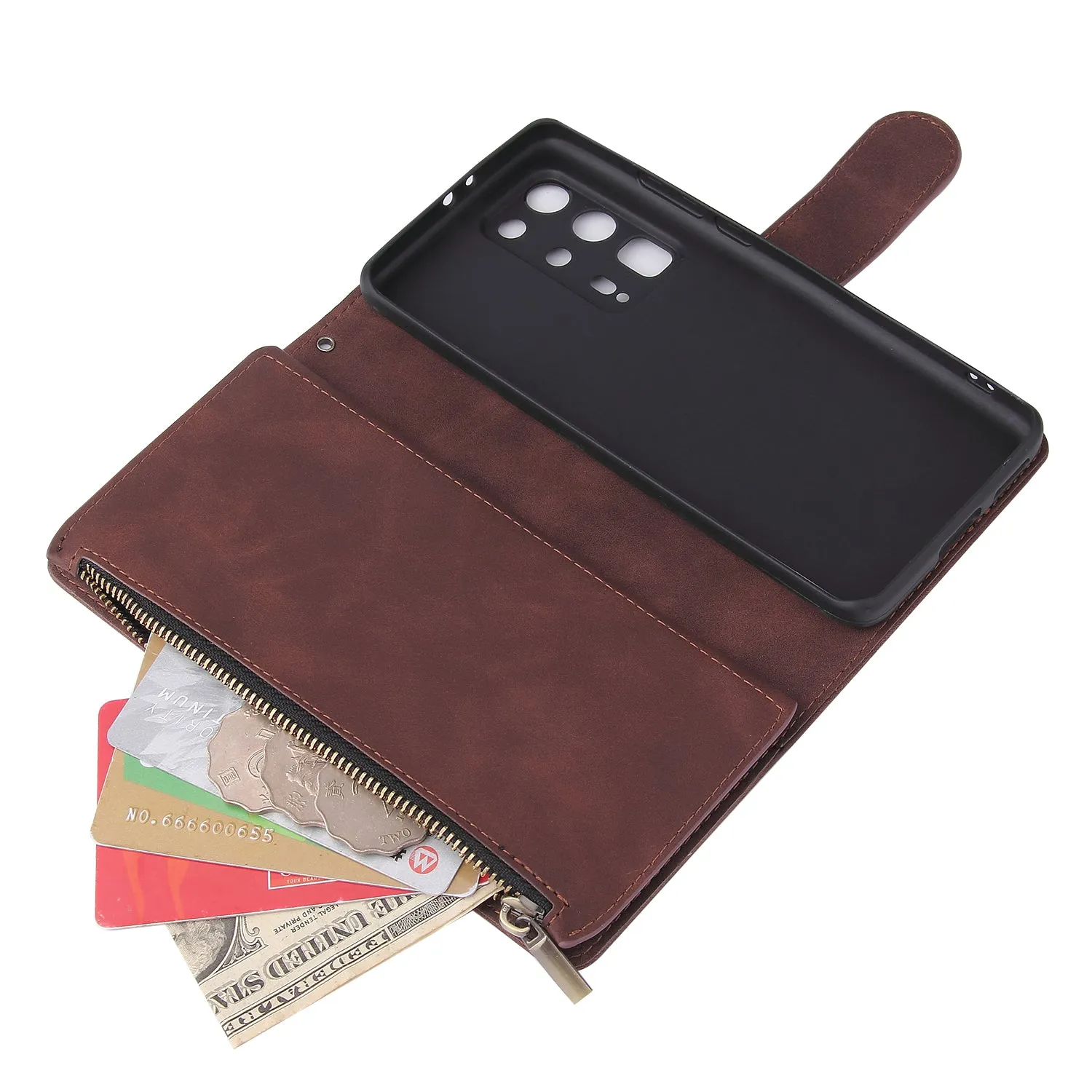 For HUAWEI P40 pro plus Zipper Purse Leather Mobile Phone Cover with Cards Slot Phone Bracket 3 brown