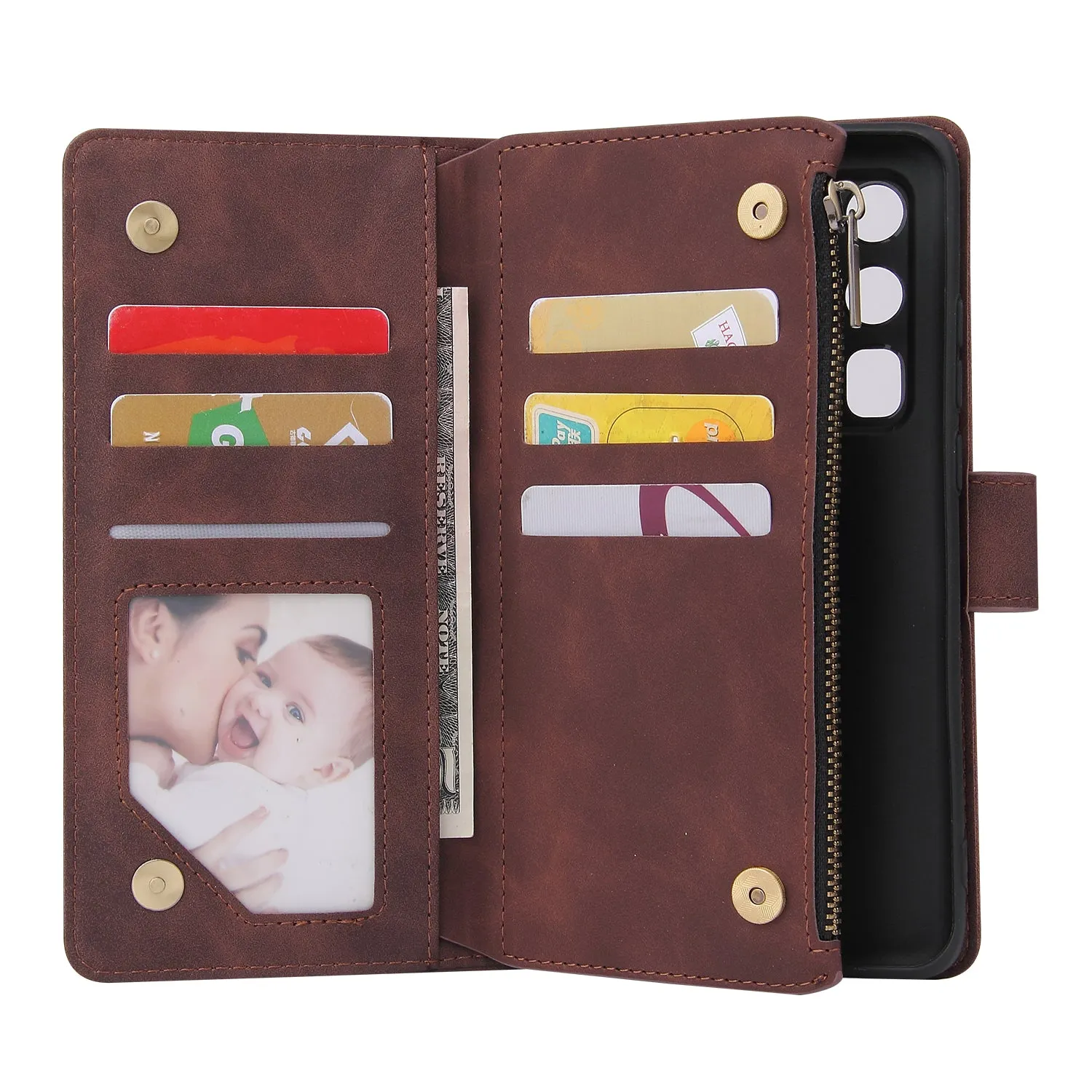For HUAWEI P40 pro plus Zipper Purse Leather Mobile Phone Cover with Cards Slot Phone Bracket 3 brown