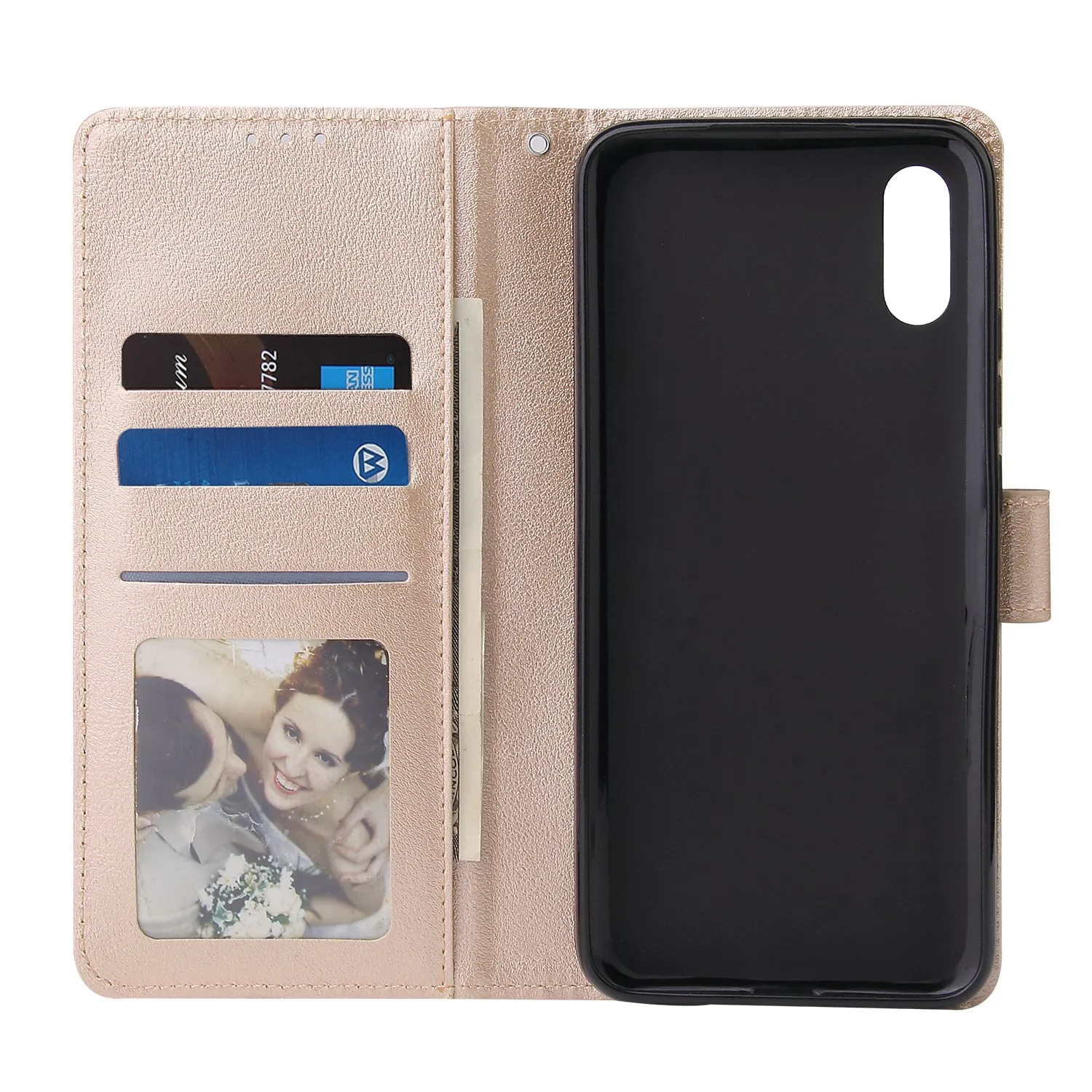 For Redmi 9A/Redmi 9C PU Leather Mobile Phone Cover with 3 Cards Slots Phone Frame Golden