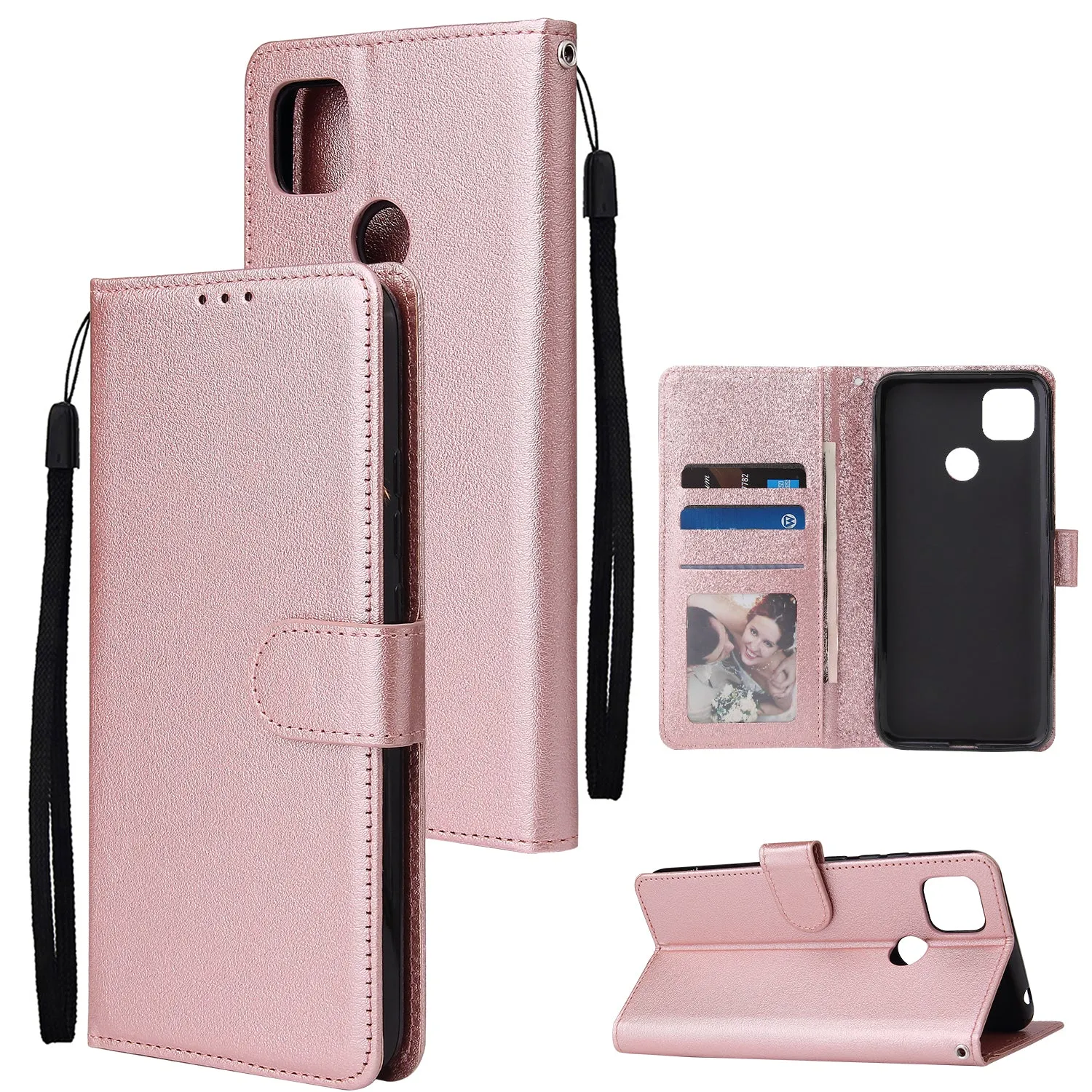For Redmi 9A/Redmi 9C PU Leather Mobile Phone Cover with 3 Cards Slots Phone Frame Rose gold