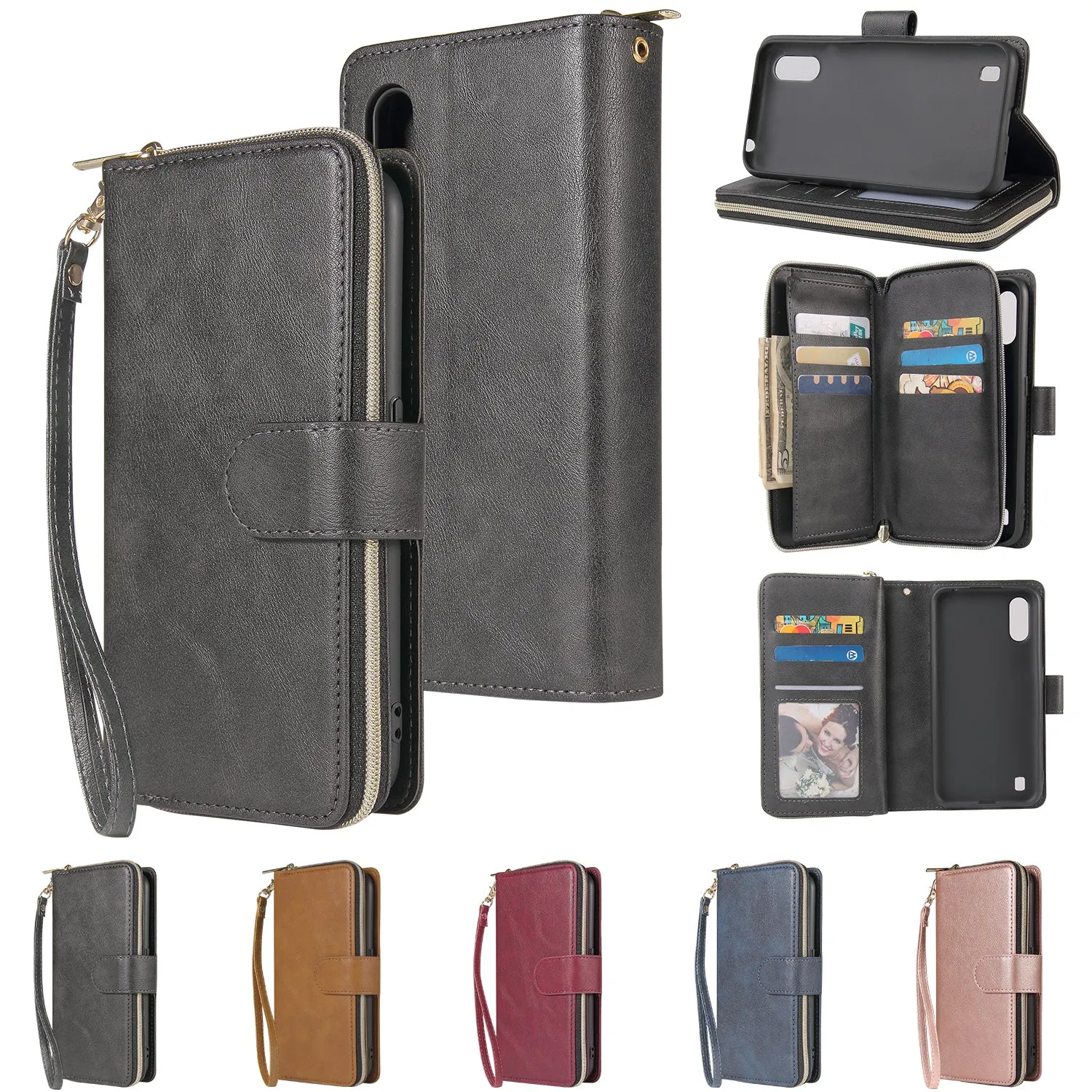 For Samsung A01/A21/A31/A41/A51 Pu Leather  Mobile Phone Cover Zipper Card Bag   Wrist Strap blue