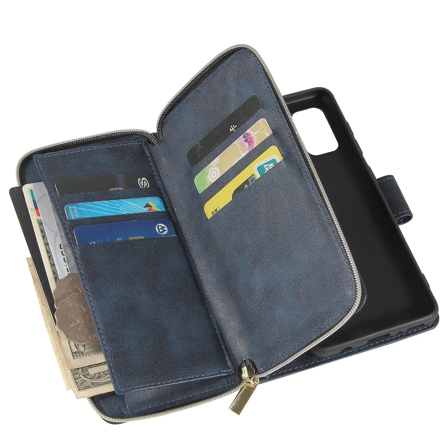 For Samsung A01/A21/A31/A41/A51 Pu Leather  Mobile Phone Cover Zipper Card Bag   Wrist Strap blue