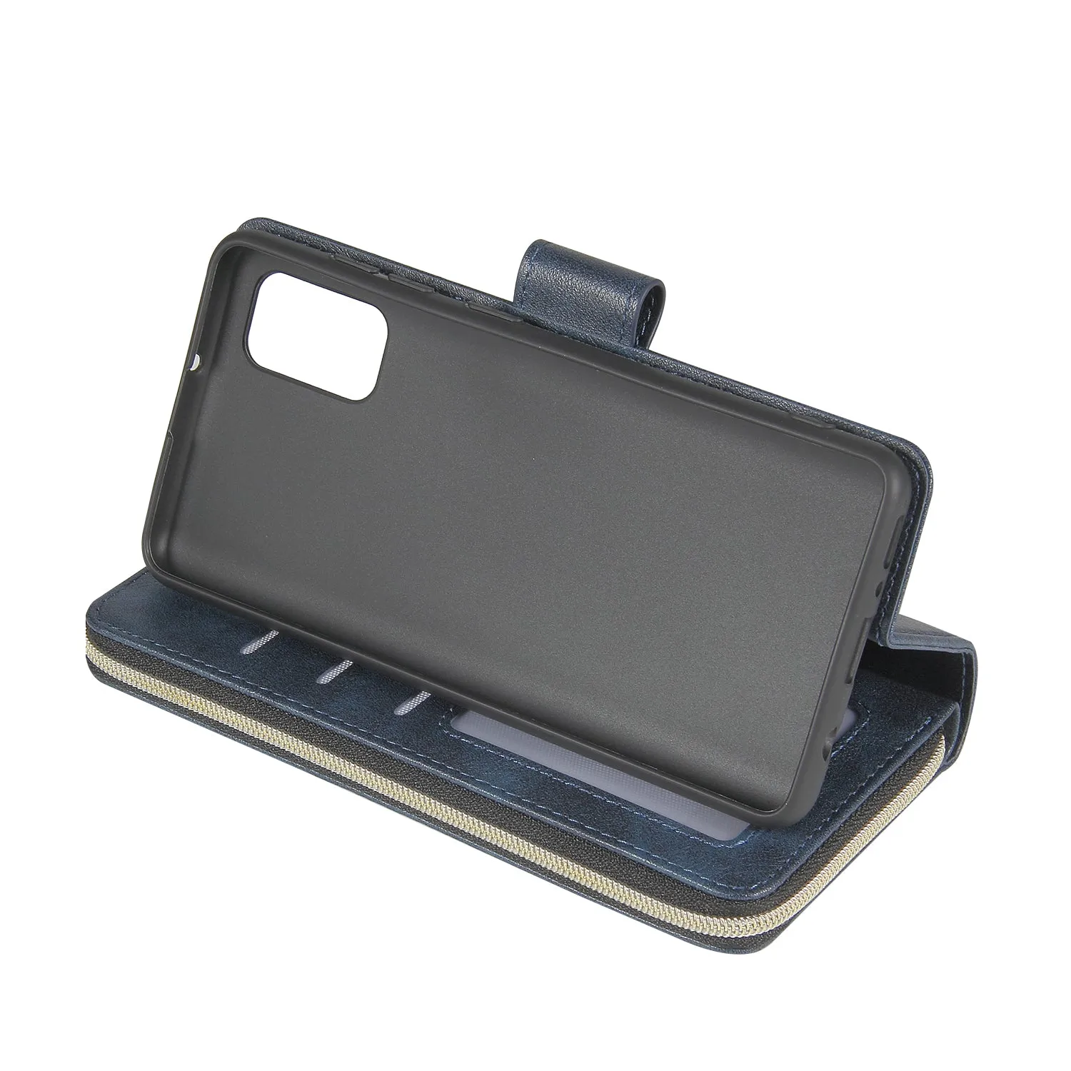 For Samsung A01/A21/A31/A41/A51 Pu Leather  Mobile Phone Cover Zipper Card Bag   Wrist Strap blue