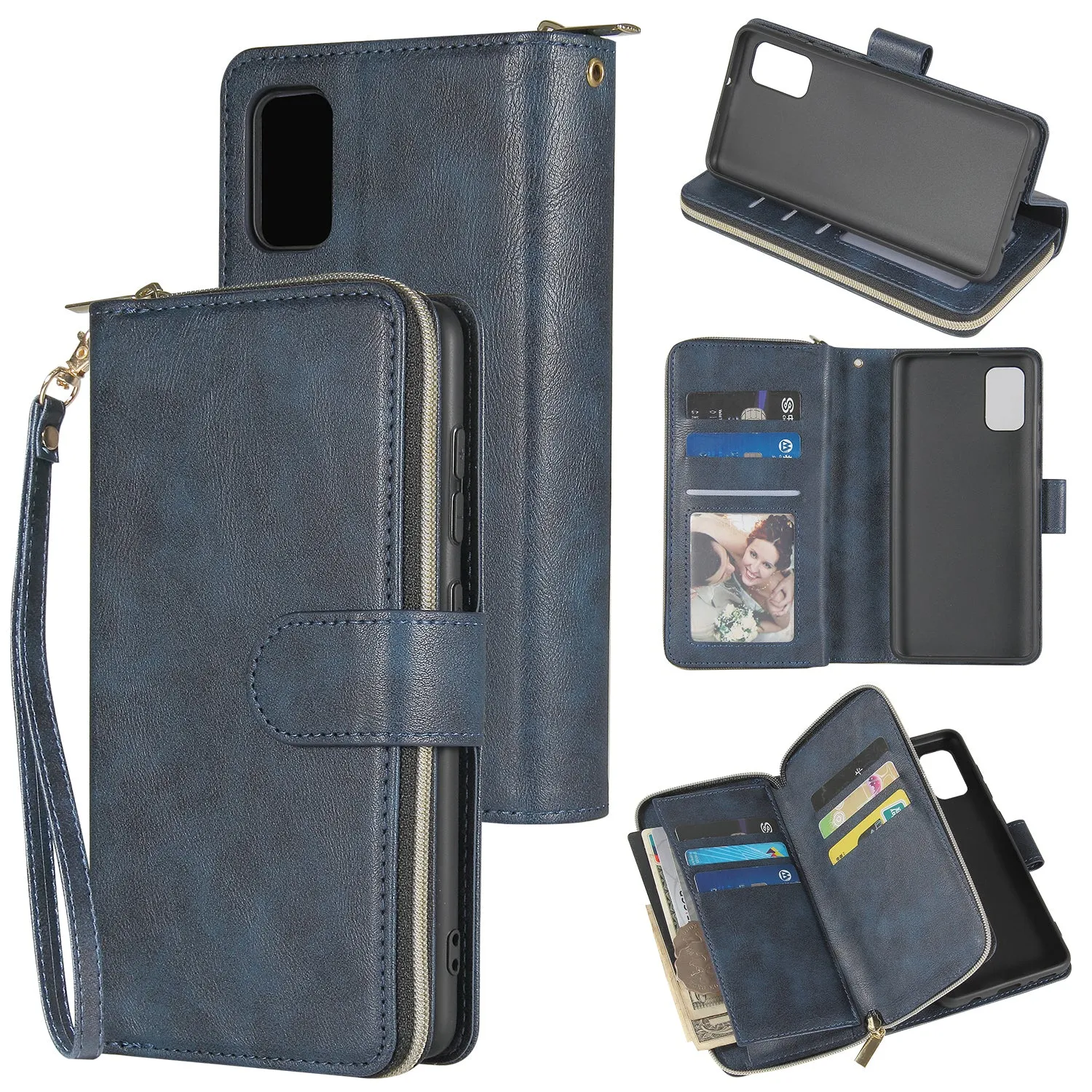 For Samsung A01/A21/A31/A41/A51 Pu Leather  Mobile Phone Cover Zipper Card Bag   Wrist Strap blue