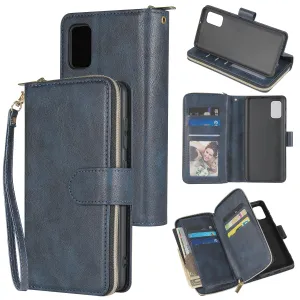 For Samsung A01/A21/A31/A41/A51 Pu Leather  Mobile Phone Cover Zipper Card Bag   Wrist Strap blue