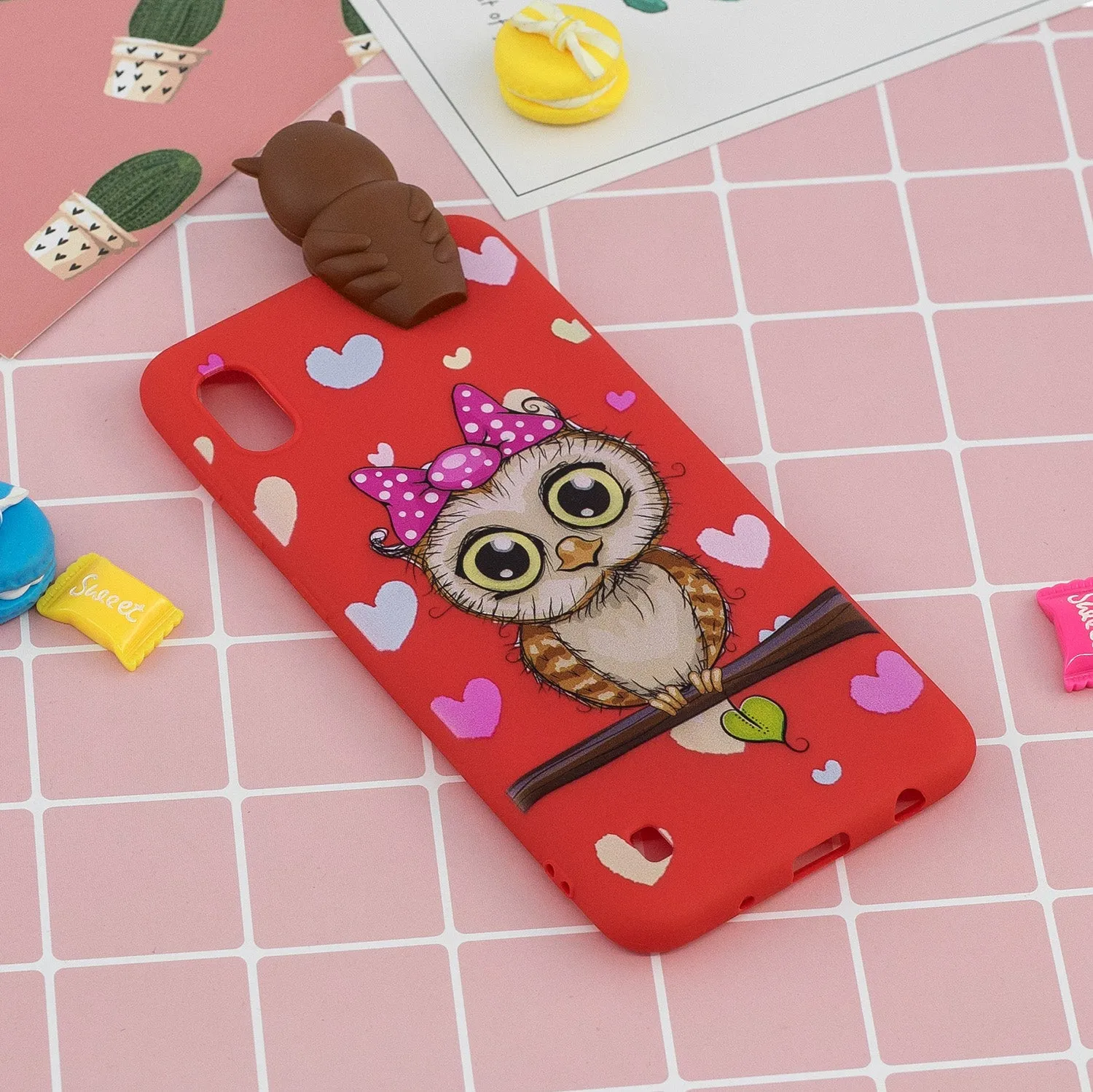 For Samsung A10 3D Cute Coloured Painted Animal TPU Anti-scratch Non-slip Protective Cover Back Case Red owl