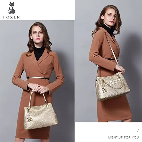 FOXER Leather Handbags for Women, Cow Leather Lock, Gold